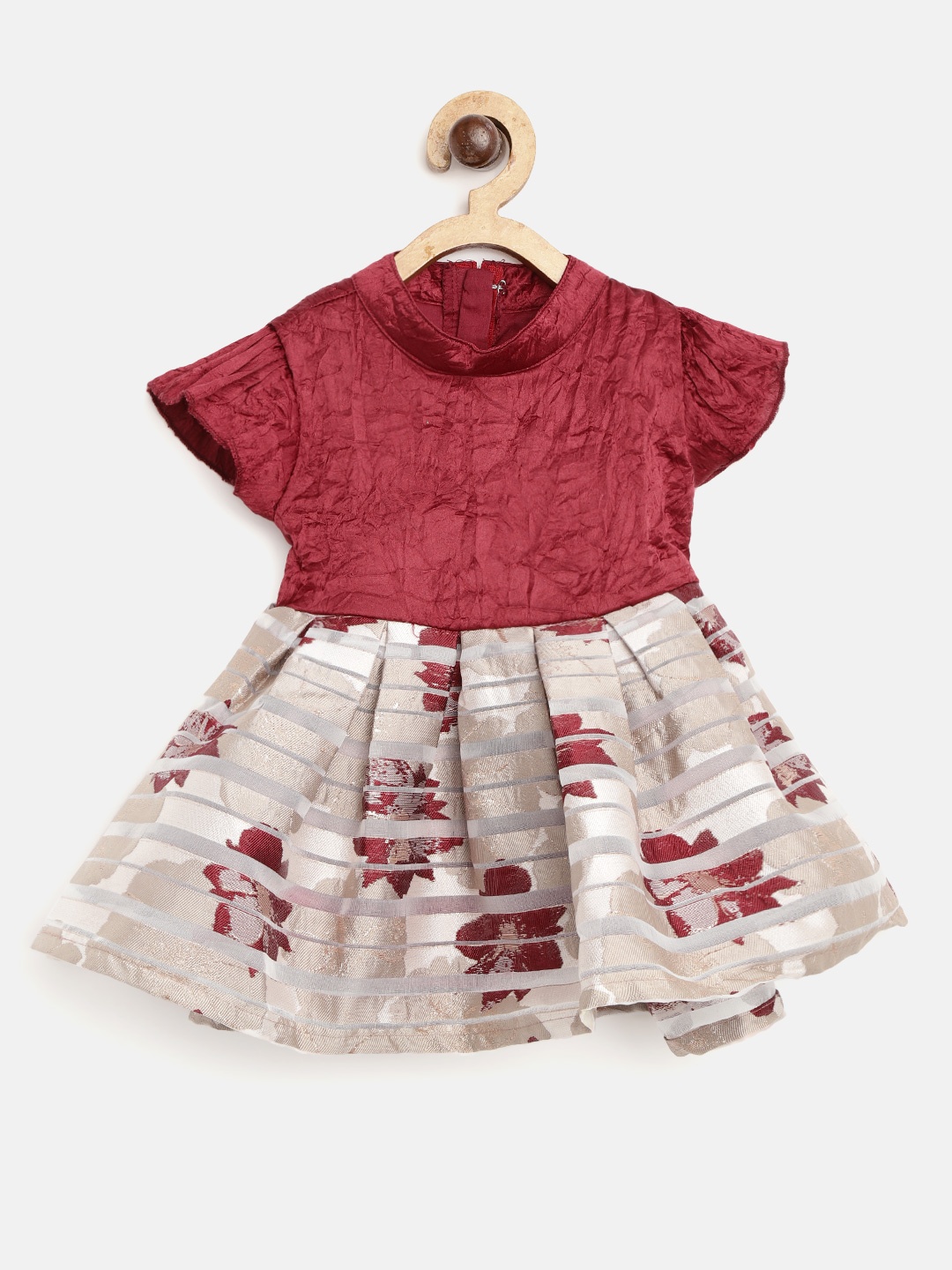 

Gini and Jony Girls Maroon & Beige Self Striped Fit & Flare Dress