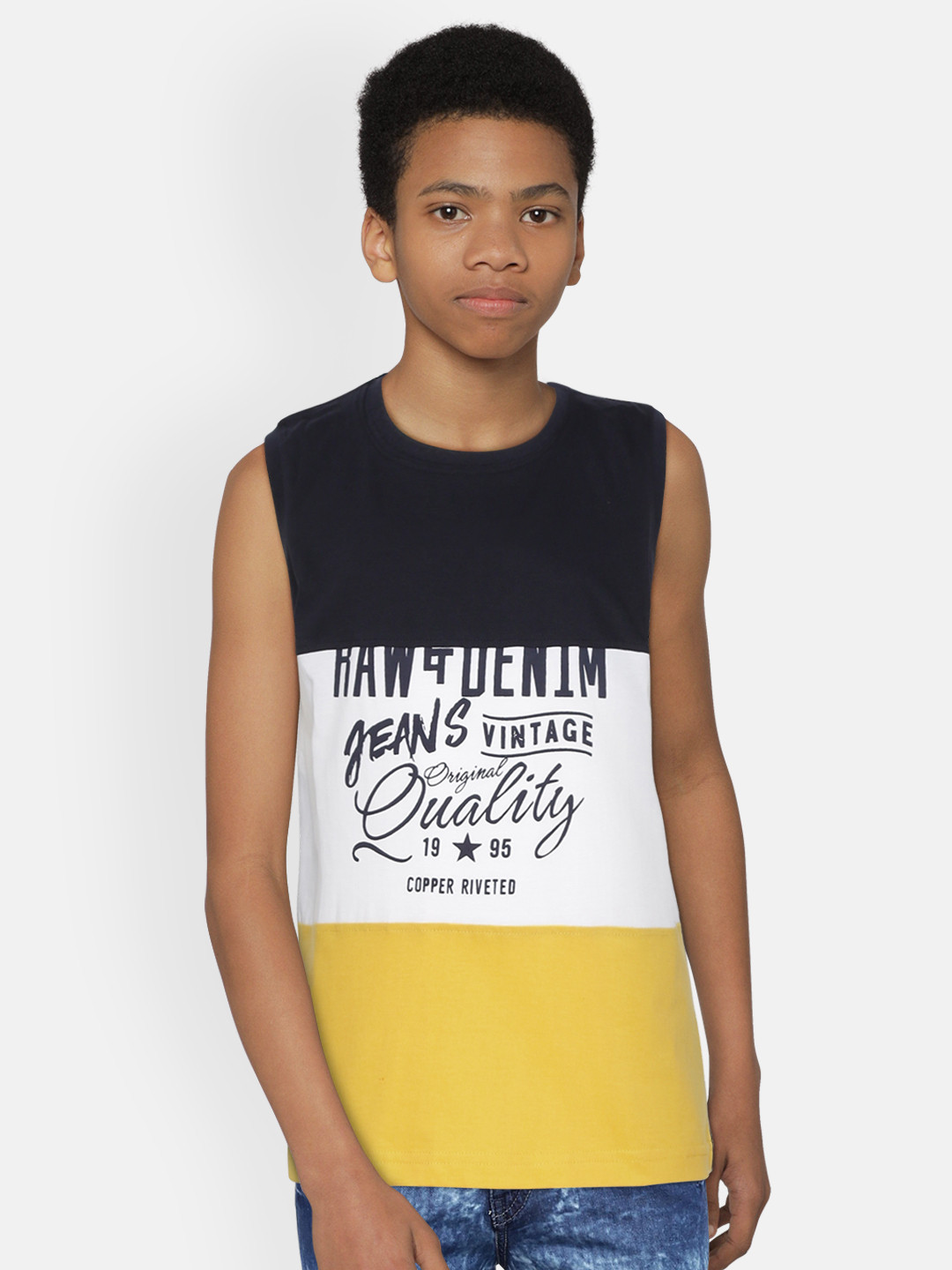 

Palm Tree Boys Navy Blue White Colourblocked Round Neck Pure Cotton T-shirt