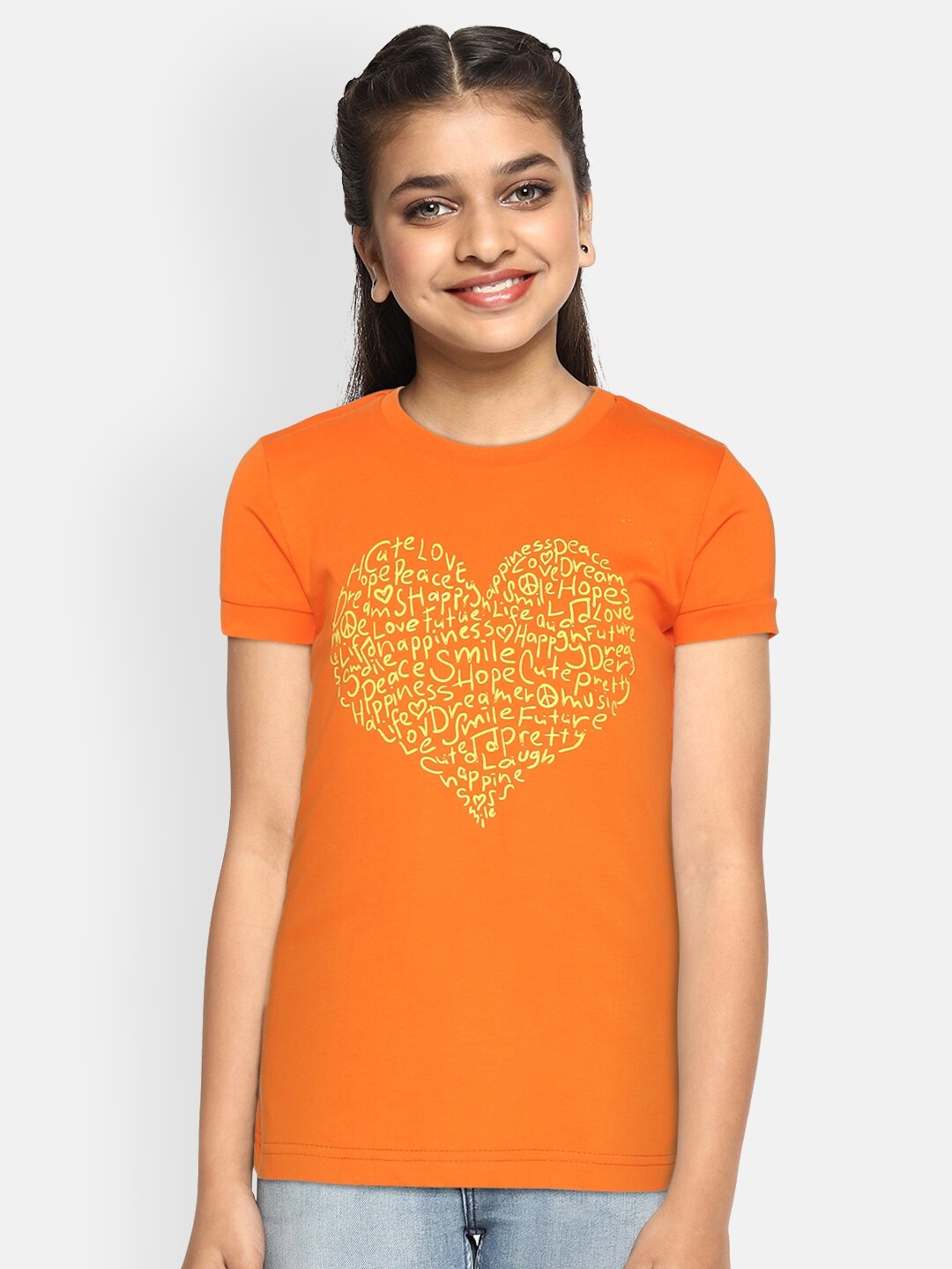 

Gini and Jony Girls Orange & Yellow Heart Print Round Neck Pure Cotton T-shirt