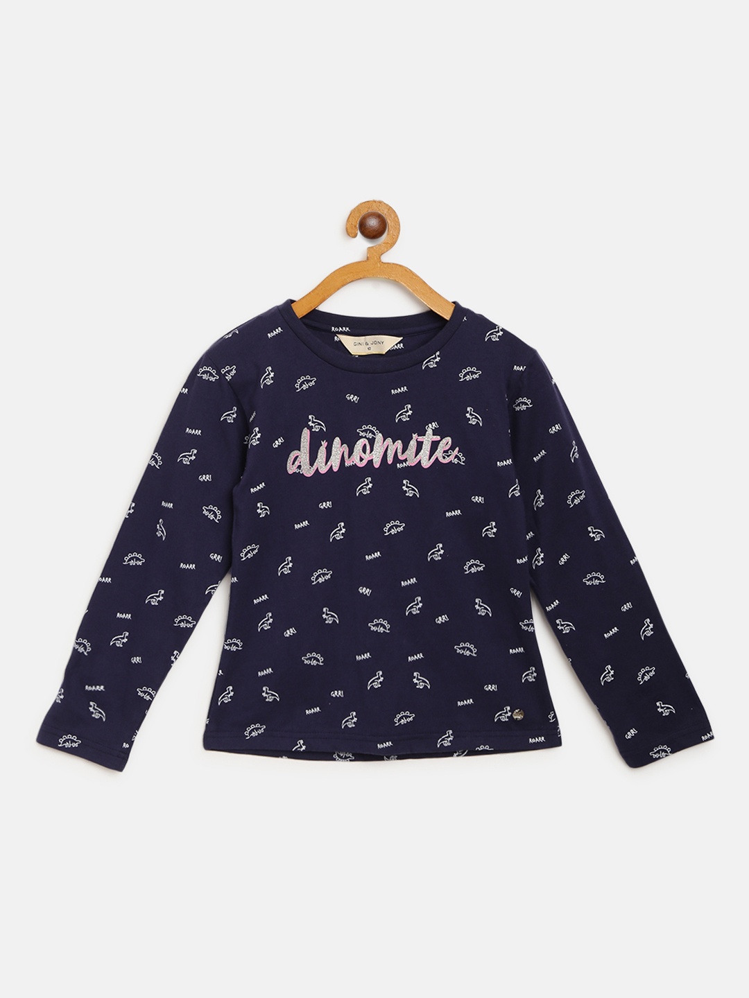 

Gini and Jony Girls Navy Blue White Dinosaur Print Round Neck Pure Cotton T-shirt