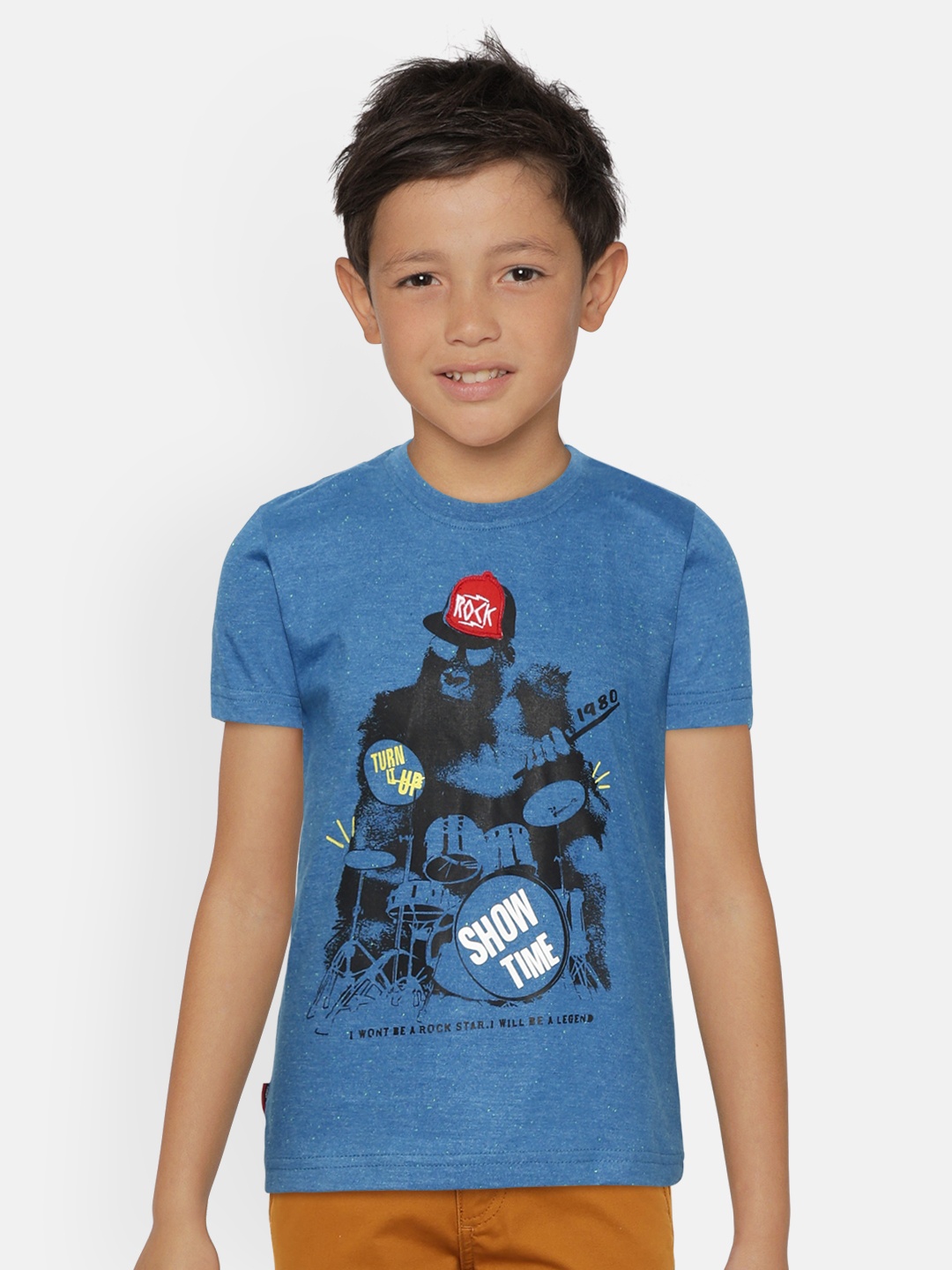 

Gini and Jony Boys Blue & Black Drummer Print Round Neck T-shirt