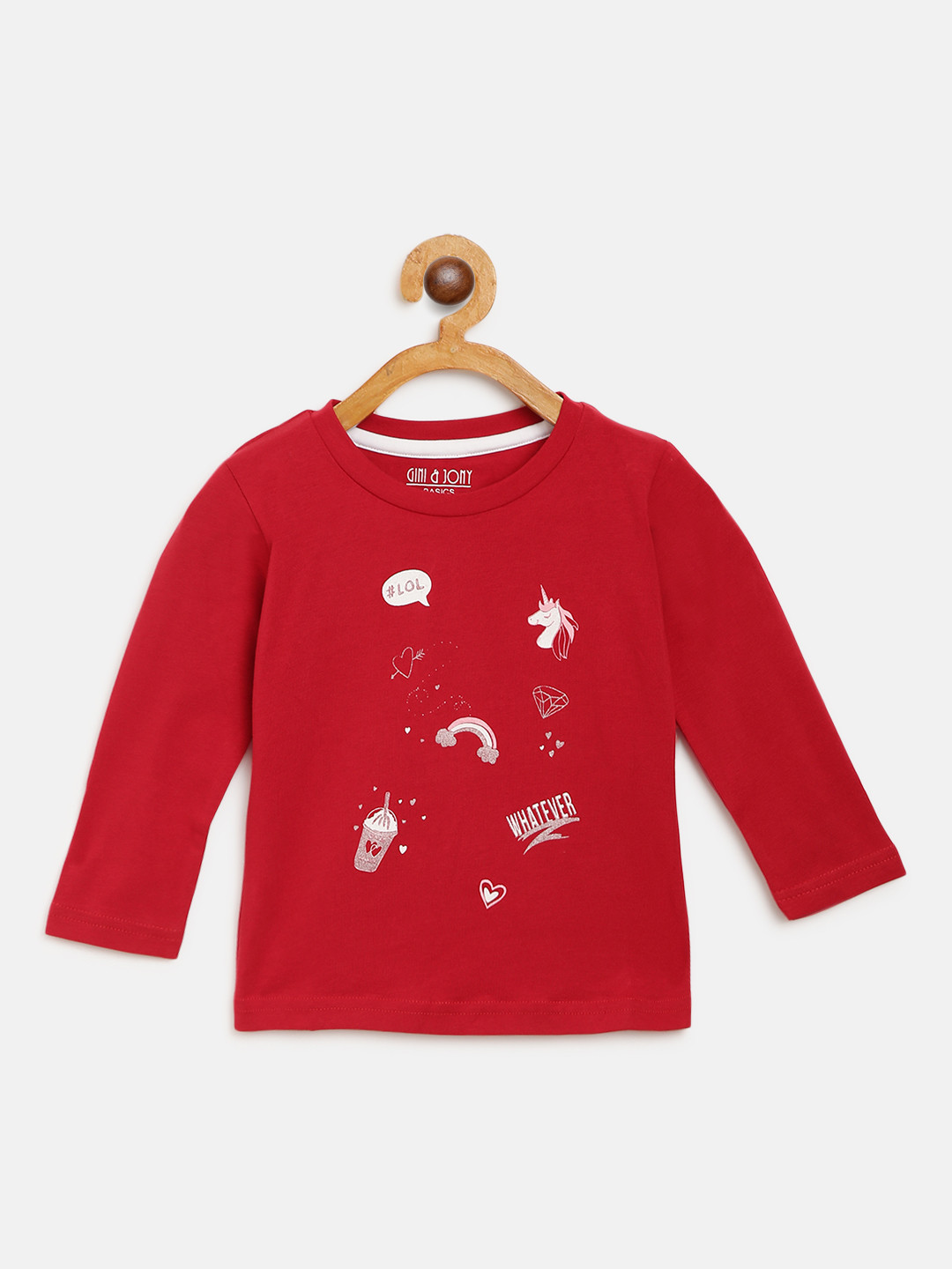 

Gini and Jony Girls Red & White Printed Round Neck T-shirt