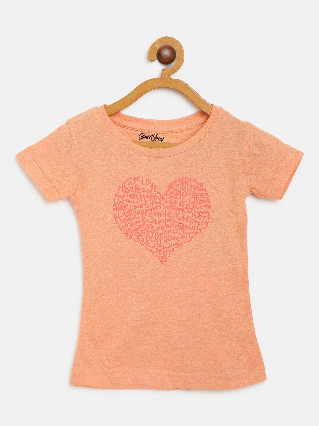 

Gini and Jony Girls Peach-Coloured Pink Heart Print Round Neck Pure Cotton T-shirt