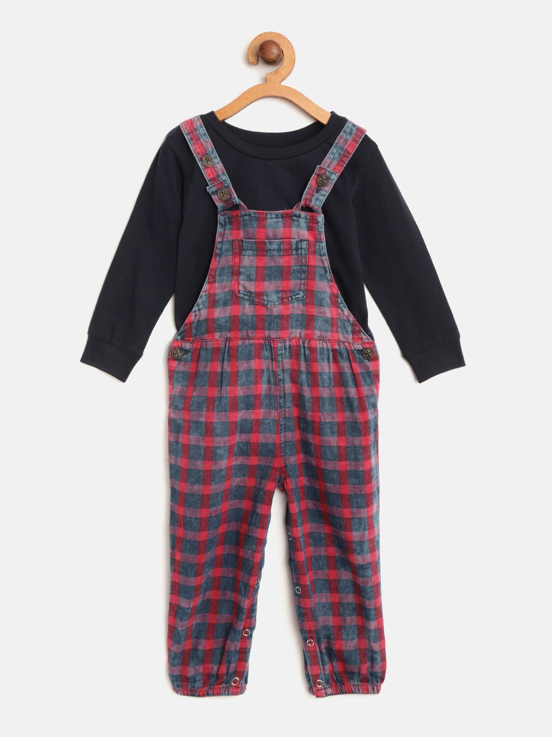

Gini and Jony Girls Blue & Red Solid T-shirt with Dungrees