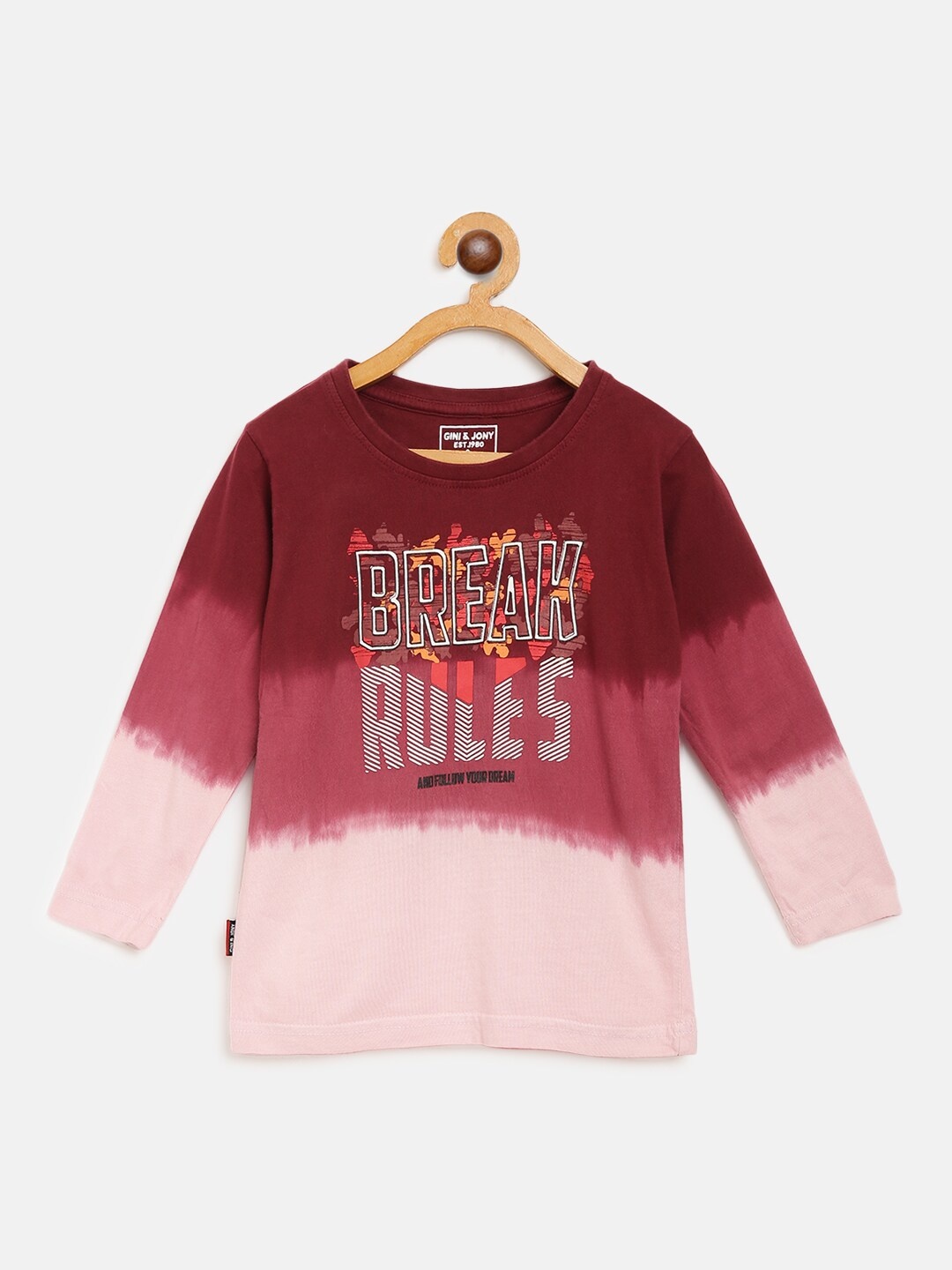 

Gini and Jony Boys Burgundy & Maroon Tie & Dye & Printed Round Neck T-shirt