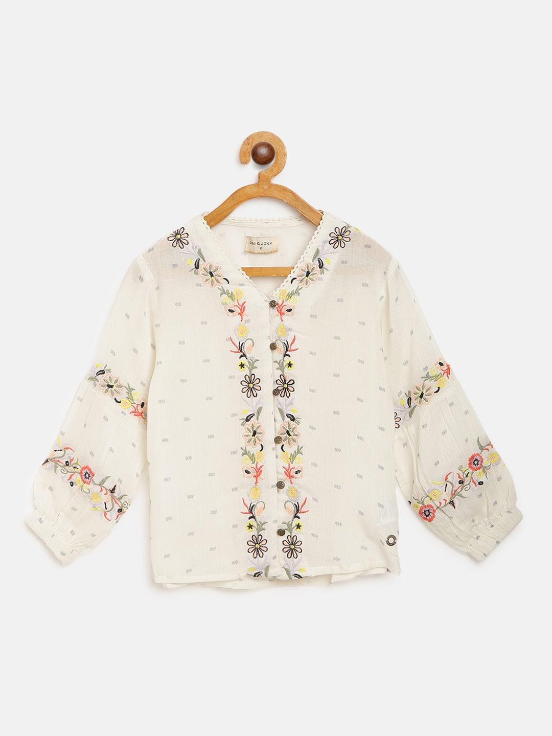 

Gini and Jony Girls Off-White & Black Floral Embroidered Shirt Style Top