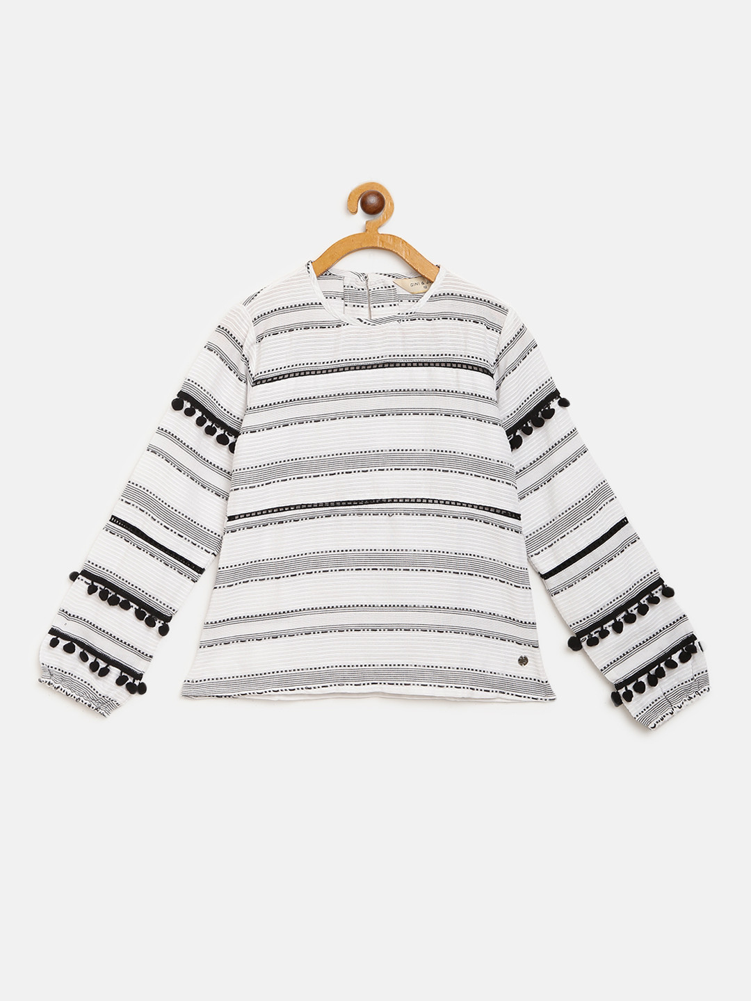 

Gini and Jony Girls White & Black Self Striped Pure Cotton Top with Pom-Pom Detail