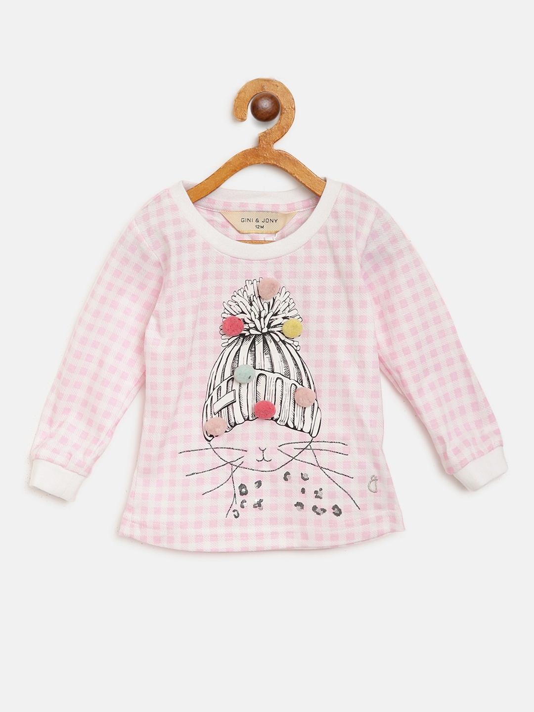 

Gini and Jony Girls Pink White Checked Cat Print Round Neck Pure Cotton T-shirt