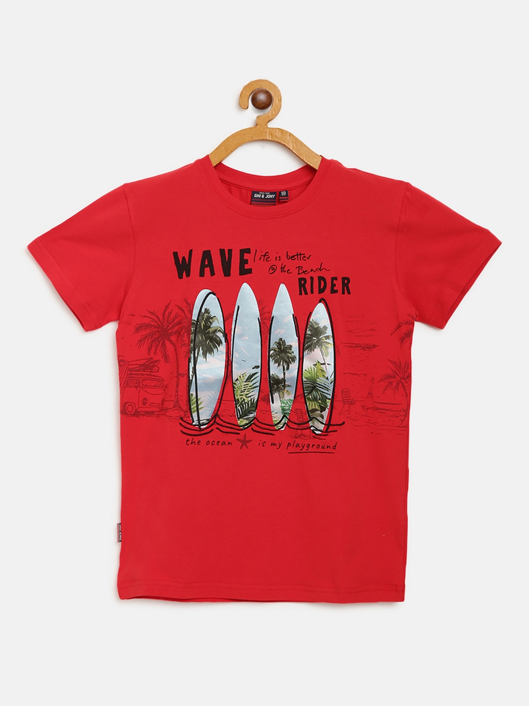 

Gini and Jony Boys Red & Blue Tropical Print Round Neck T-shirt