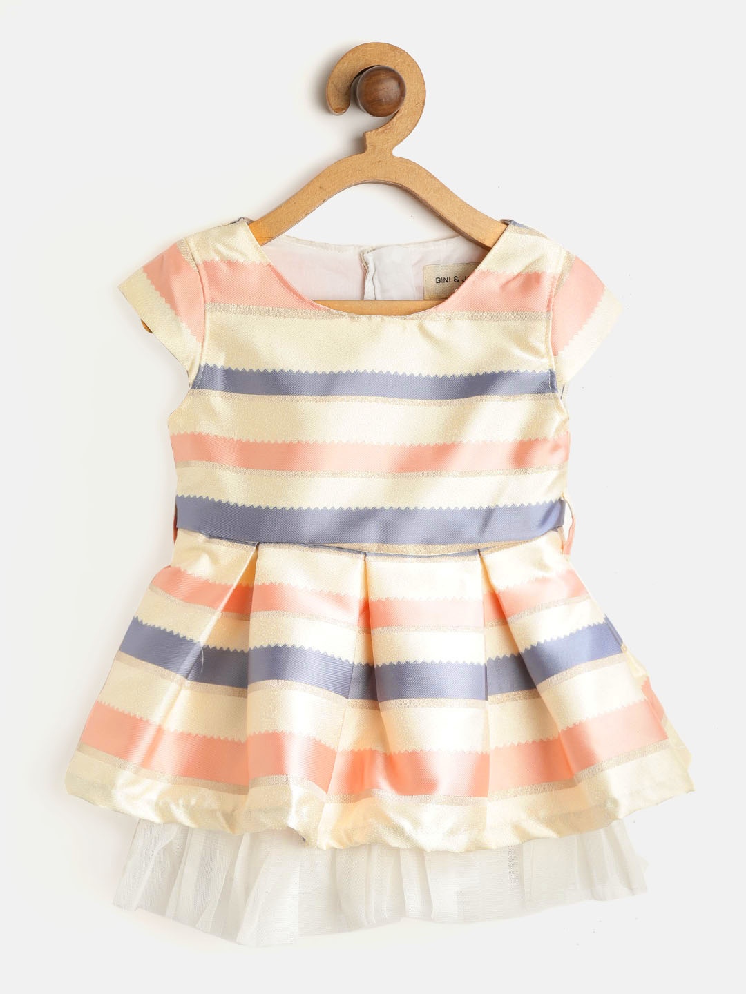 

Gini and Jony Girls Peach-Coloured & Blue Striped Layered Fit & Flare Dress