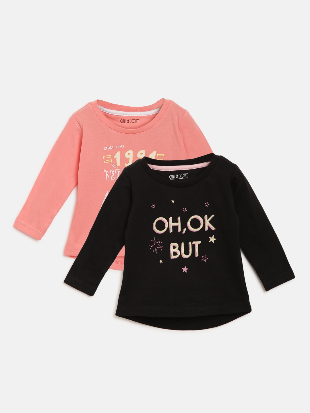 

Gini and Jony Girls Pack of 2 Printed Pure Cotton T-shirts, Pink