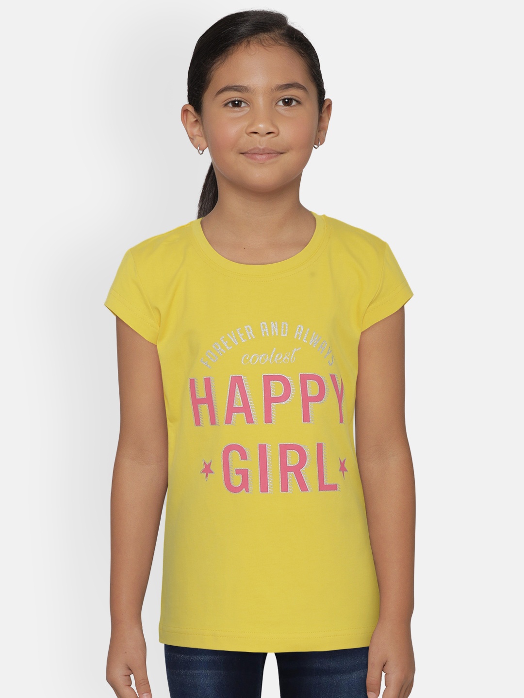 

Gini and Jony Girls Yellow Printed Round Neck Pure Cotton T-shirt