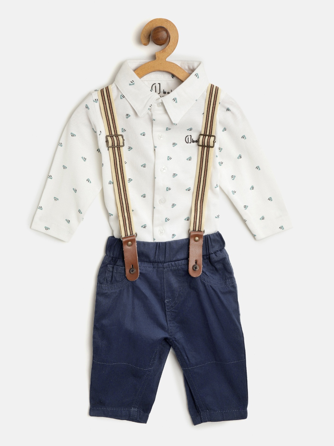 

Gini and Jony Boys White & Navy Blue Printed Shirt & Trousers with Suspenders