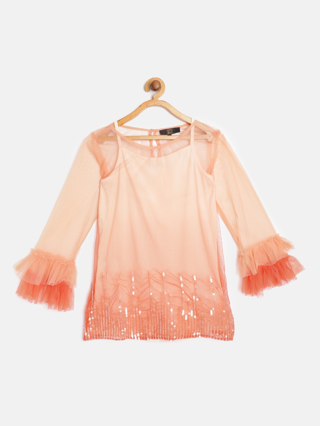 

Gini and Jony Girls Peach-Coloured Sequinned Ombre Bell Sleeves Net Regular Top