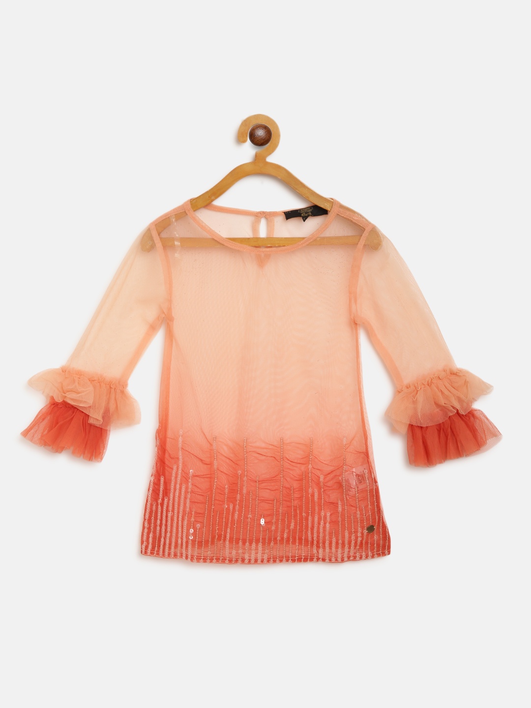 

Gini and Jony Girls Peach-Coloured Sequinned Sheer Net Top