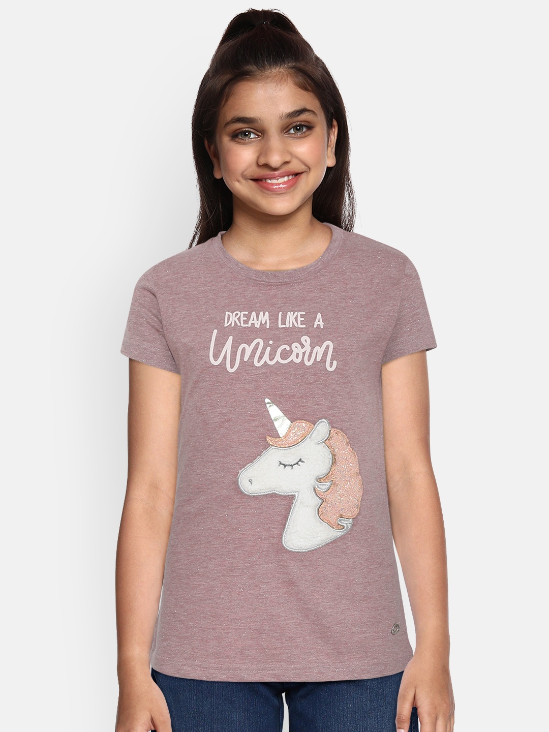 

Gini and Jony Girls Mauve Unicorn Applique Round Neck T-shirt