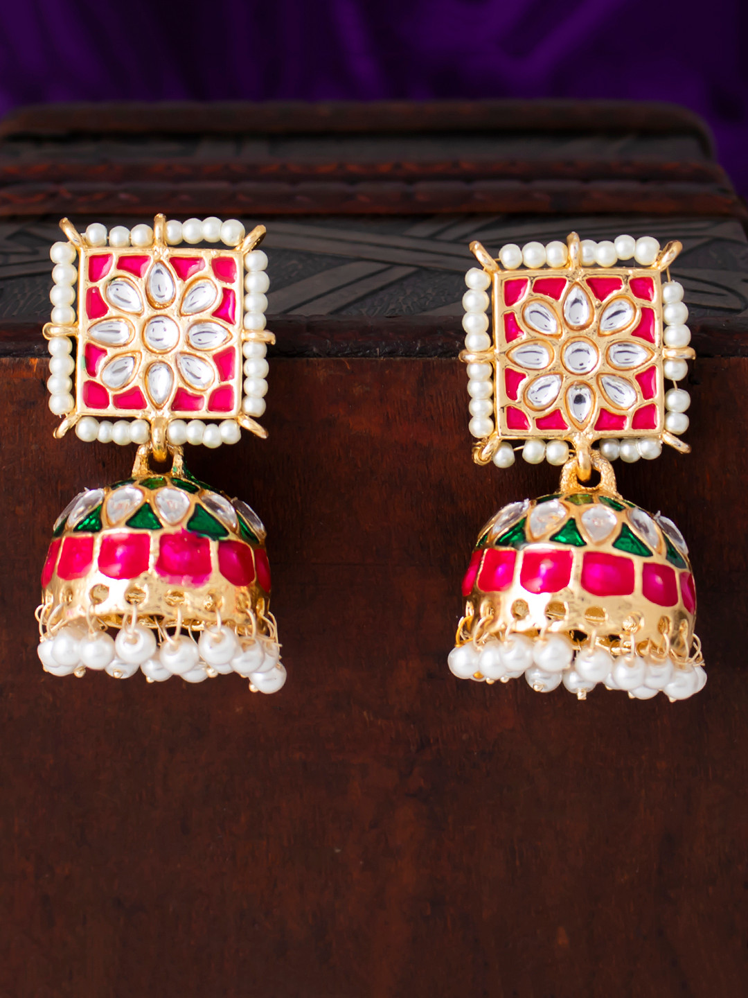 

Sukkhi Gold-Plated & Pink Geometric Meenakari Jhumkas