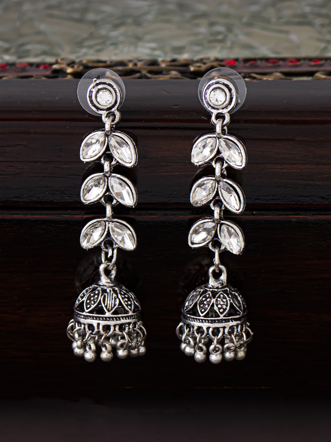 

Sukkhi Rhodium-Plated Silver-Toned Oxidised Dome Shaped Jhumkas