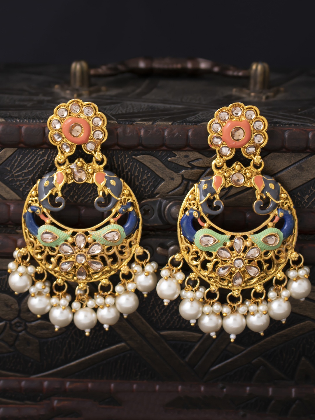 

Sukkhi Blue & Pink Gold-Plated Meenakari Geometric Chandbalis