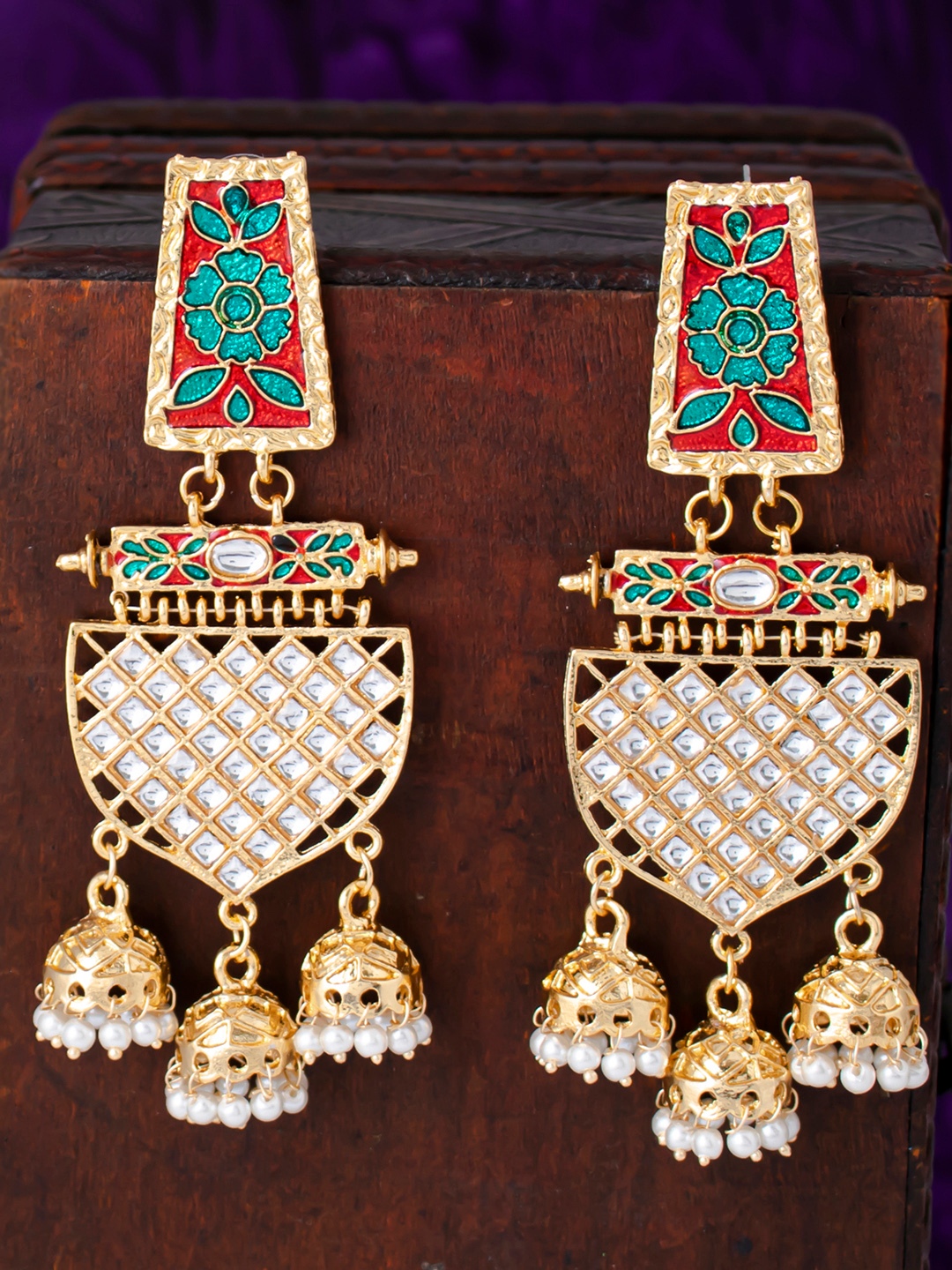 

Sukkhi Gold-Plated & Red Classic Drop Meenakari Earrings