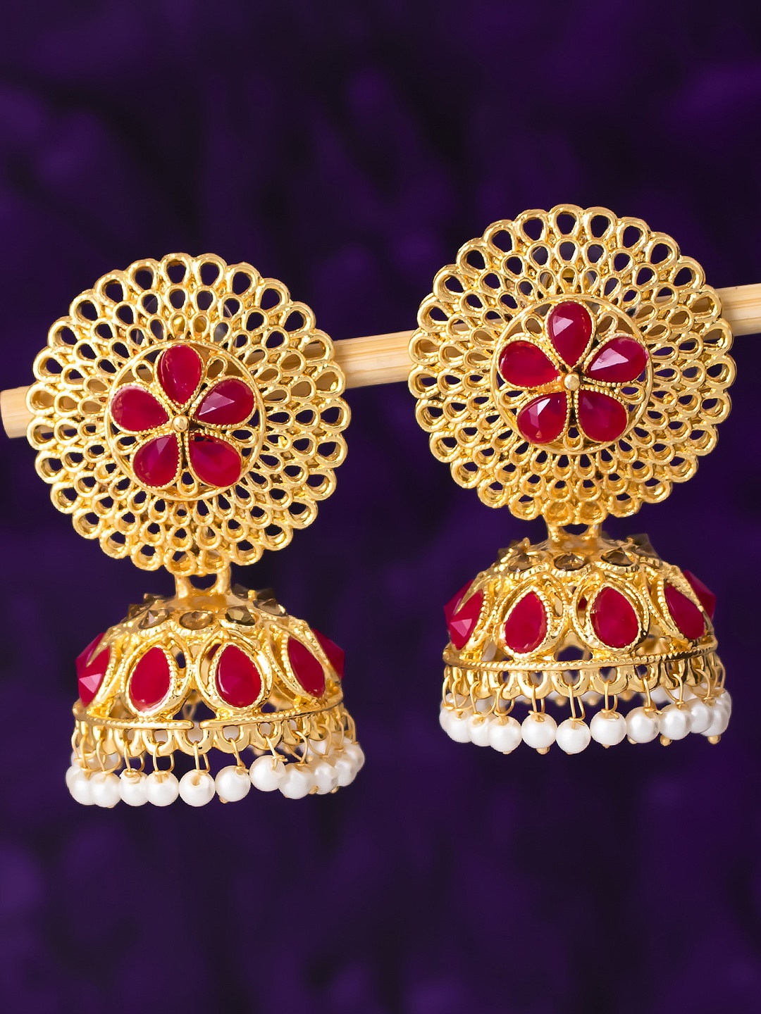 

Sukkhi Pink & Gold-Plated Filigree Dome Shaped Jhumkas