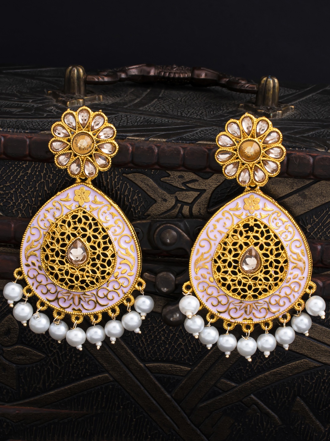 

Sukkhi Gold-Toned & White Teardrop Shaped Drop Meenakari Earrings