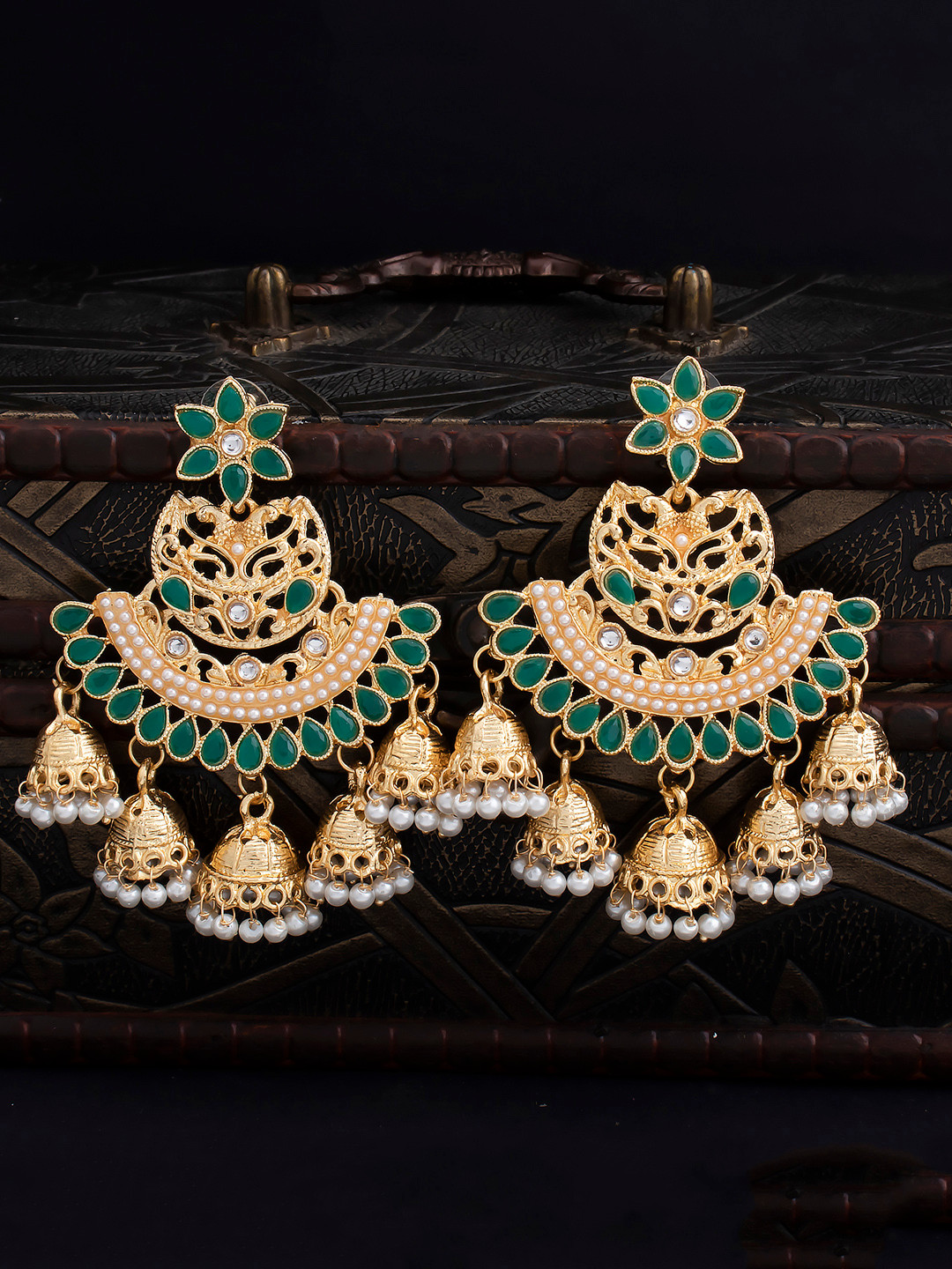 

Sukkhi Green & Gold-Plated Filigree Dome Shaped Chandbalis