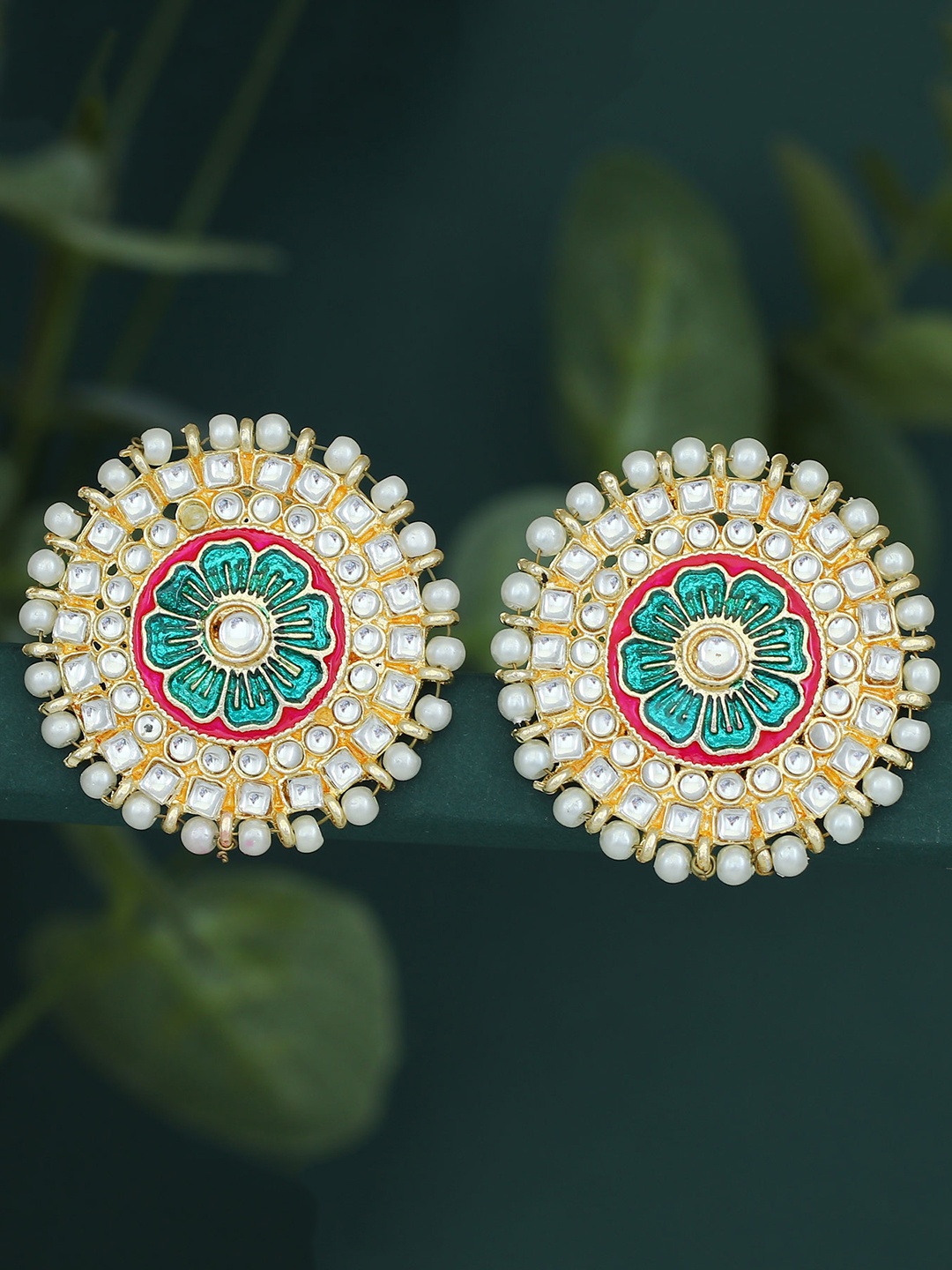 

Sukkhi Blue & Red Gold-Plated Meenakari Circular Studs