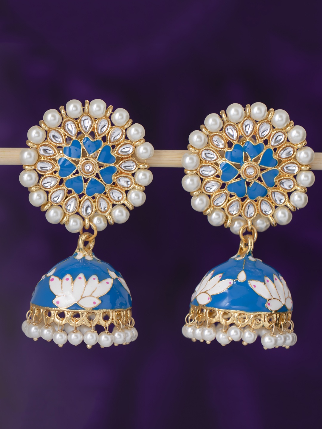 

Sukkhi Gold-Plated & Blue Dome Shaped Meenakari Jhumkas
