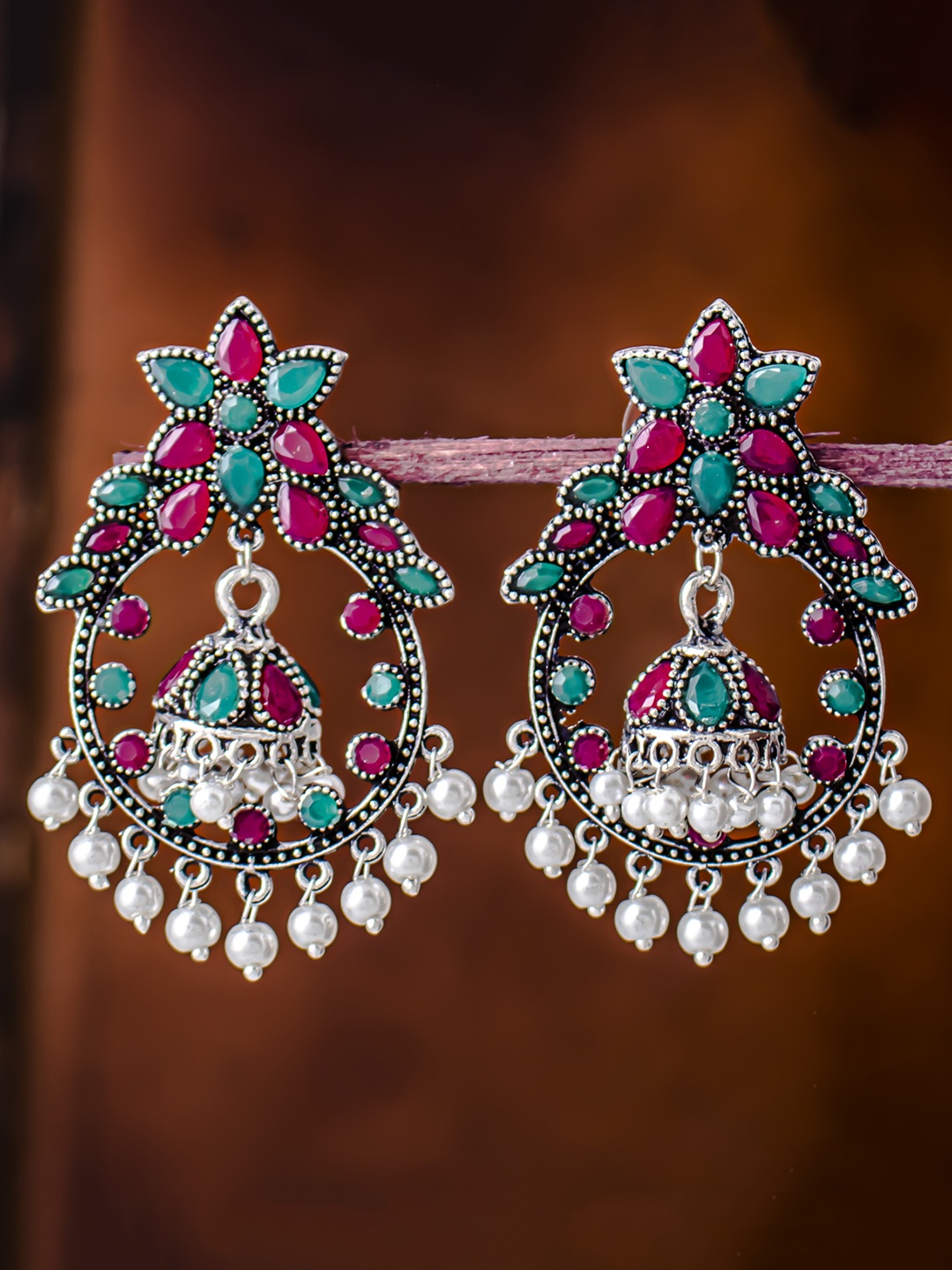 

Sukkhi Rhodium-Plated Silver-Toned & Green Oxidised Classic Drop Earrings