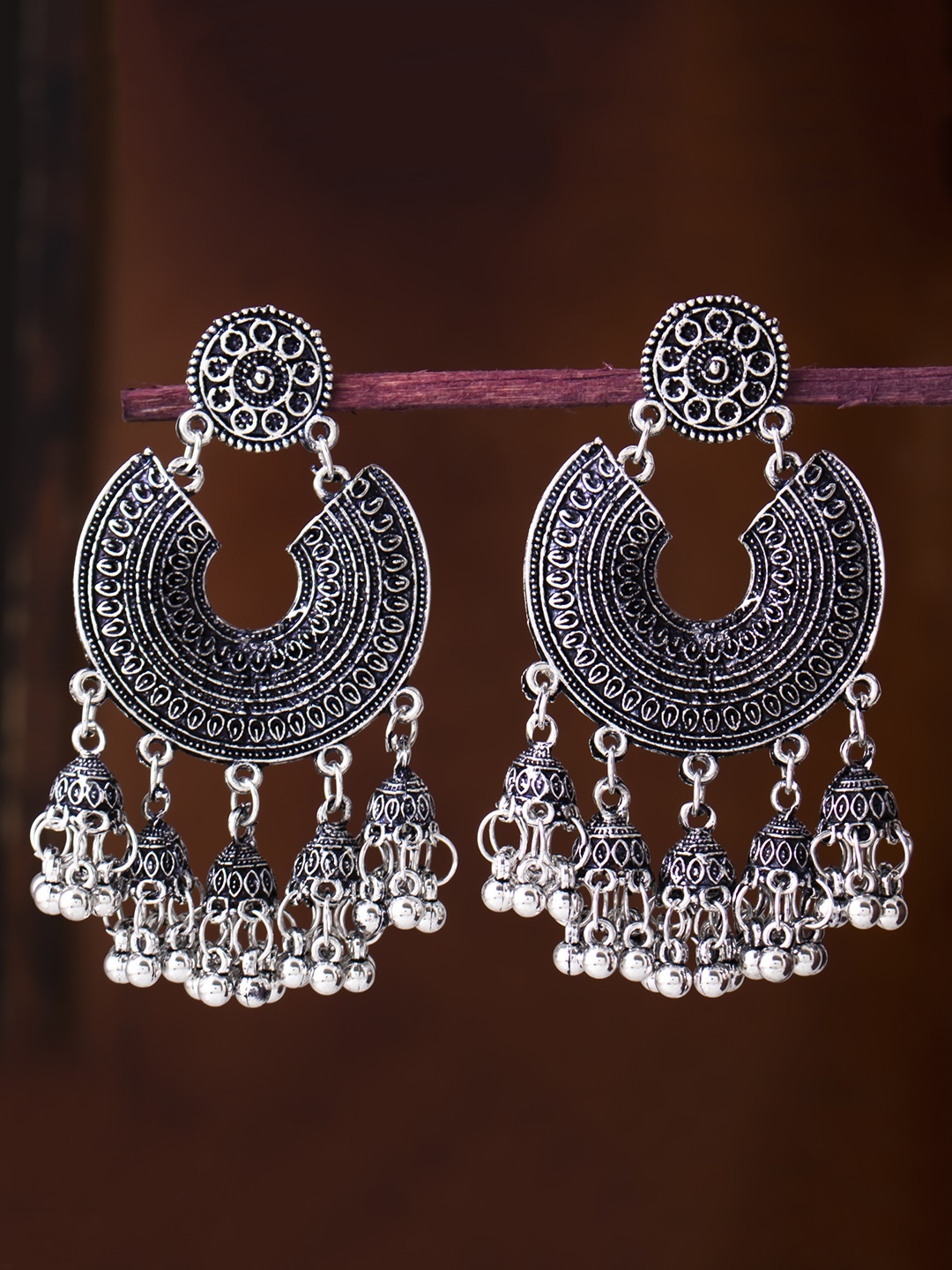 

Sukkhi Rhodium-Plated Silver-Toned Oxidised Classic Chandbalis