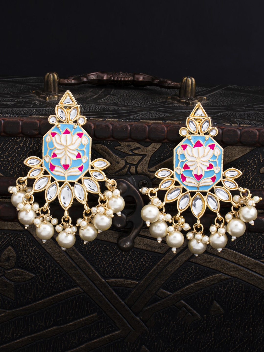 

Sukkhi Blue & Pink Gold-Plated Enamelled Classic Drop Earrings