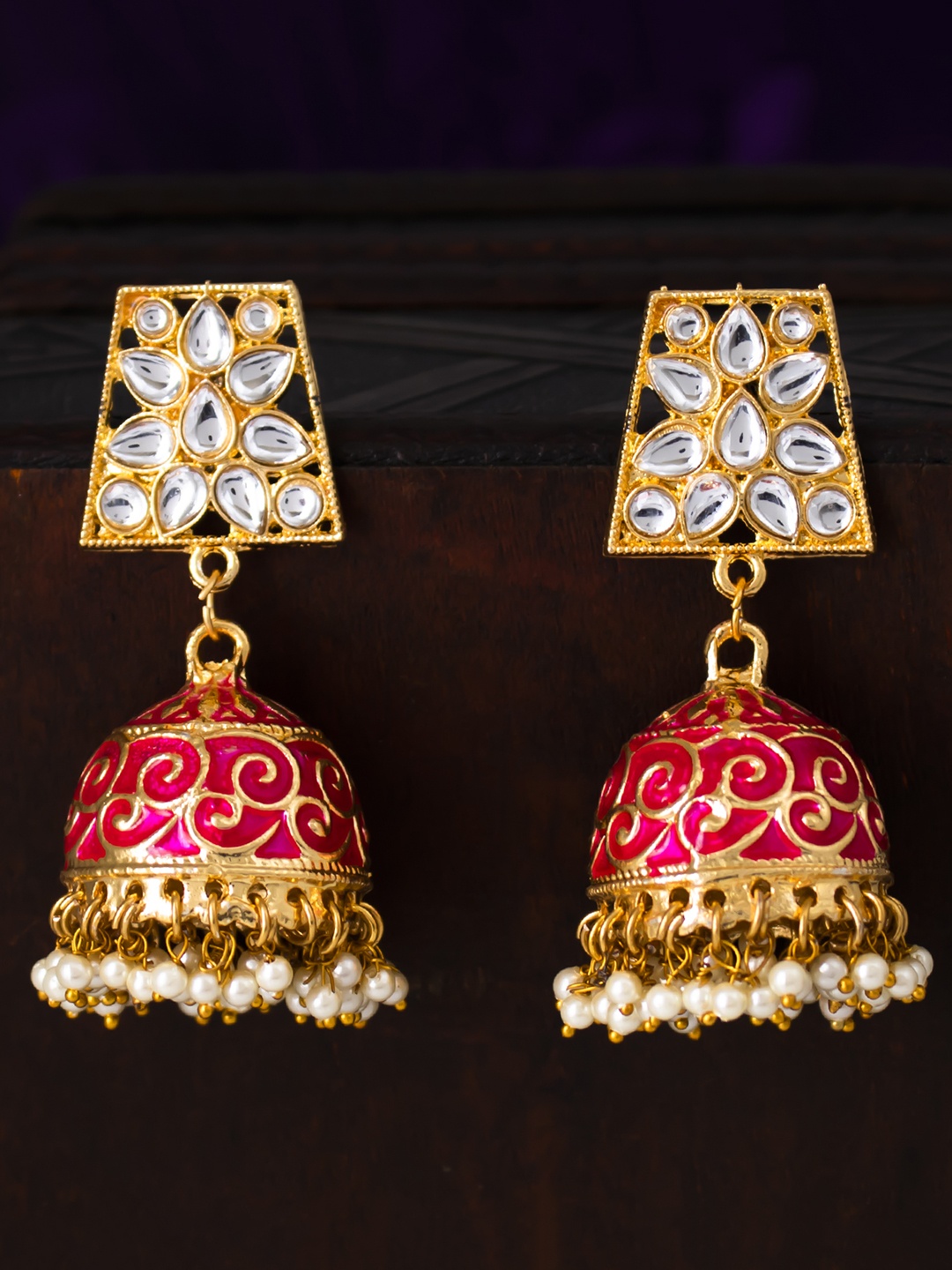

Sukkhi Pink & Gold-Plated Meenakari Dome Shaped Jhumkas
