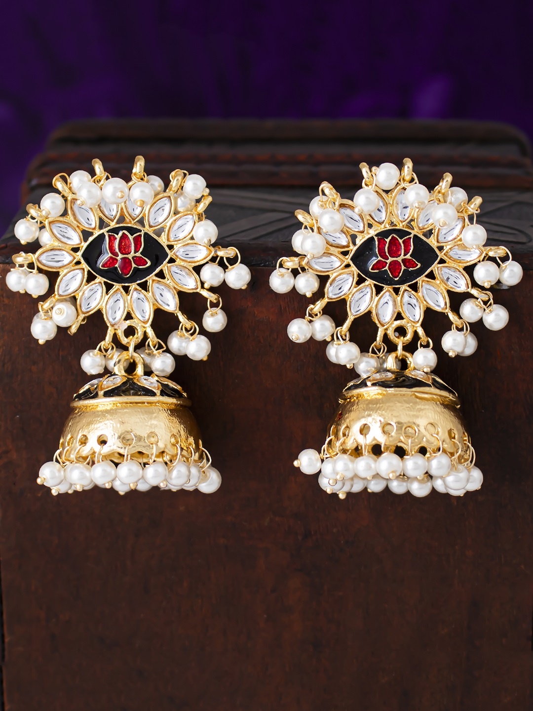 

Sukkhi Gold-Plated & Black Dome Shaped Enamelled Jhumkas