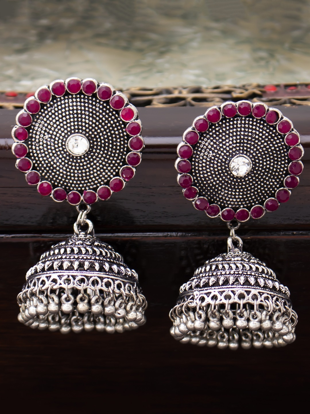 

Sukkhi Red Dome Shaped Oxidised Jhumkas