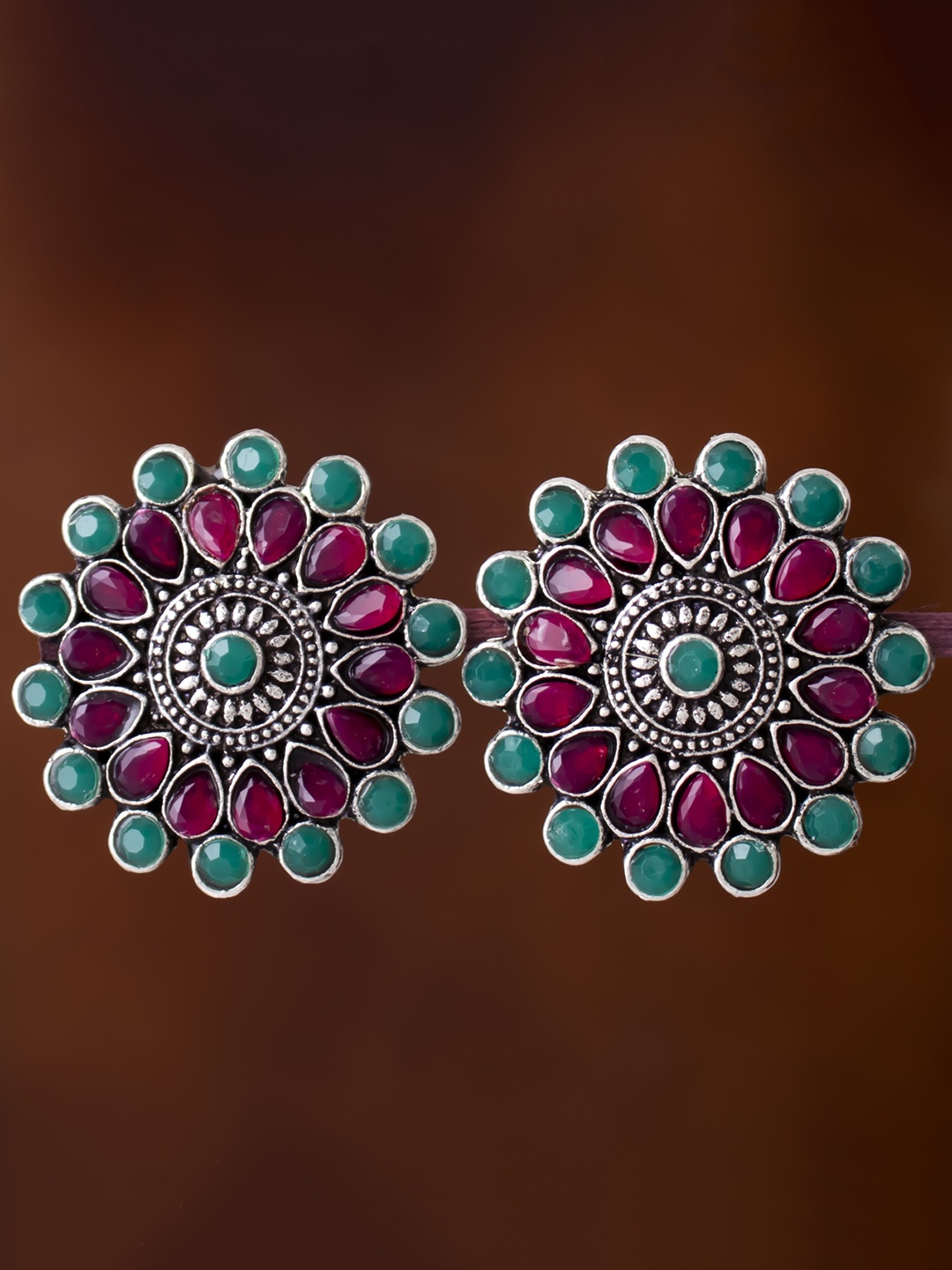 

Sukkhi Pink & Green Rhodium-Plated Oxidised Circular Studs