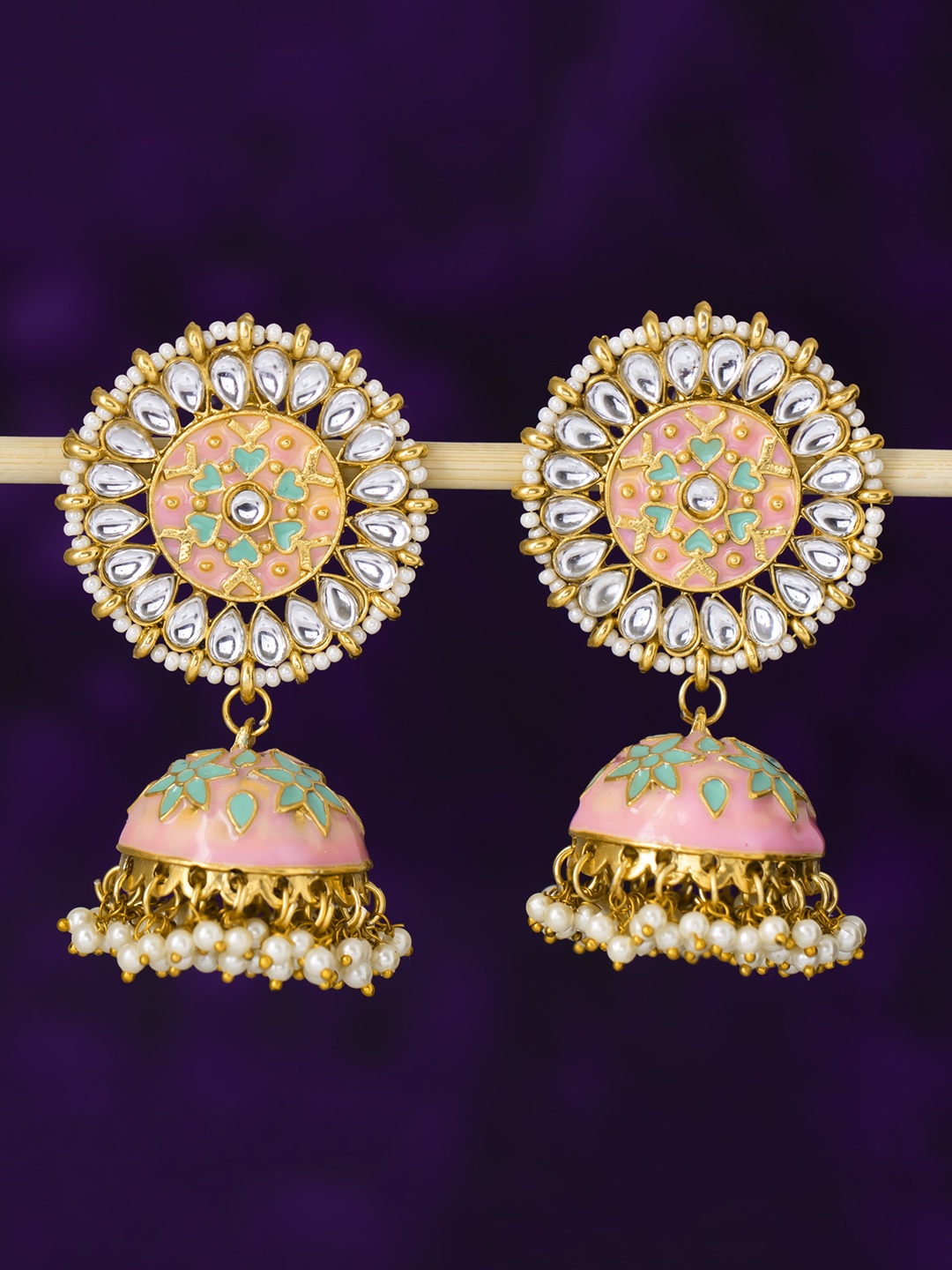 

Sukkhi Gold-Plated & Pink Dome Shaped Meenakari Jhumkas