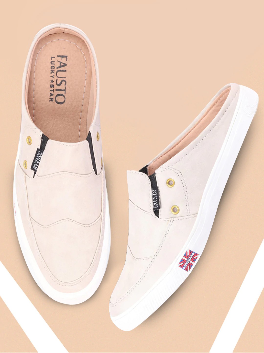 

FAUSTO Men Cream-Coloured Solid Leather Mules
