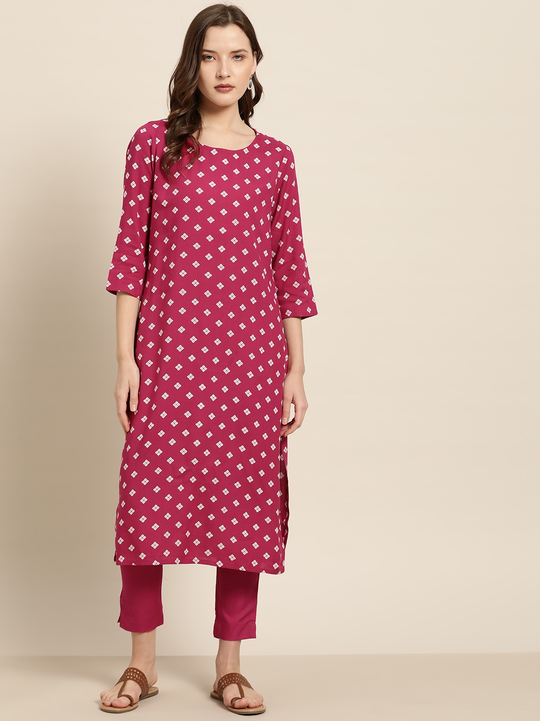 

Sangria Women Pink & Off-White Printed Kurta with Trousers