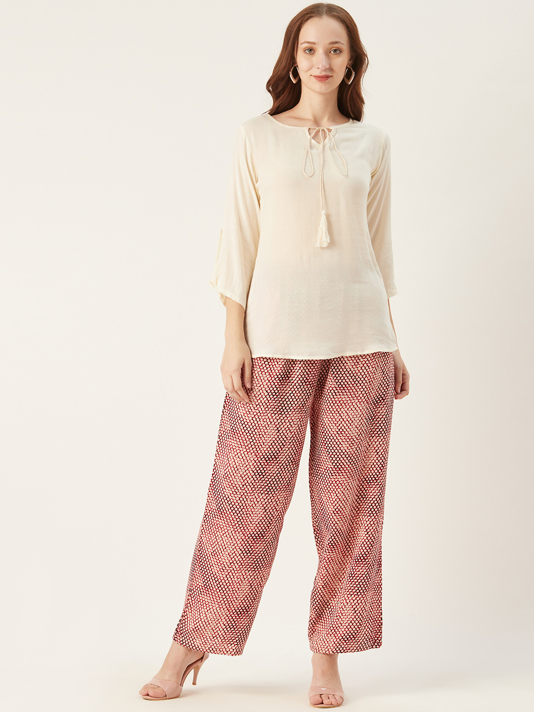 

shiloh Women Cream-Coloured & Maroon Solid Top with Palazzos