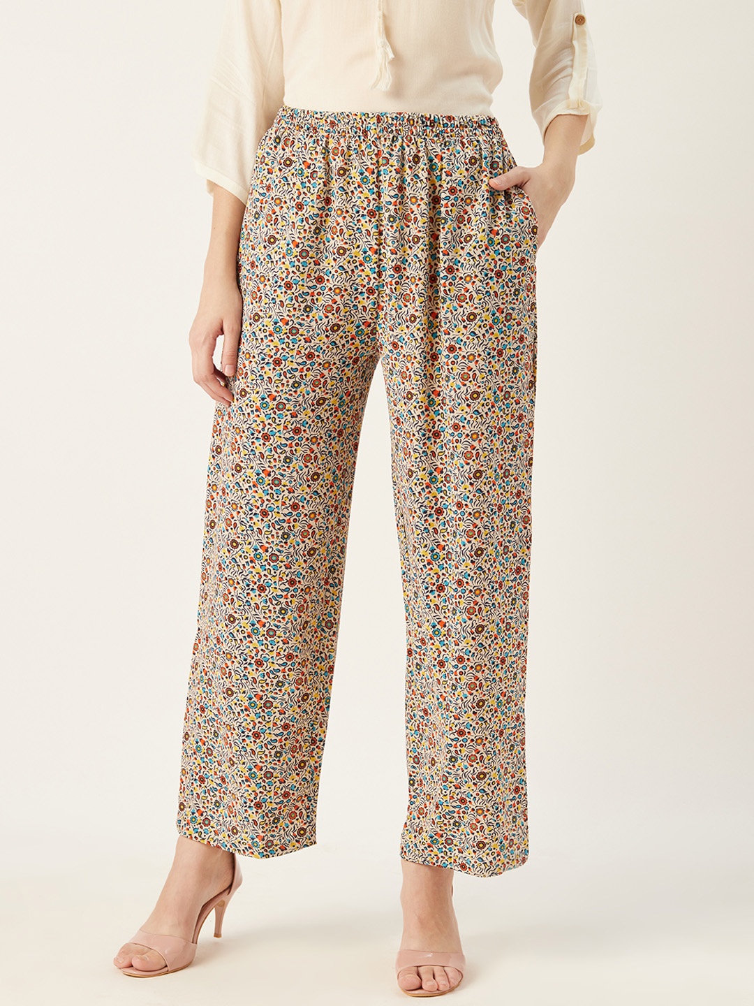 

shiloh Women Cream-Coloured & Blue Ethnic Floral Print Straight Palazzos