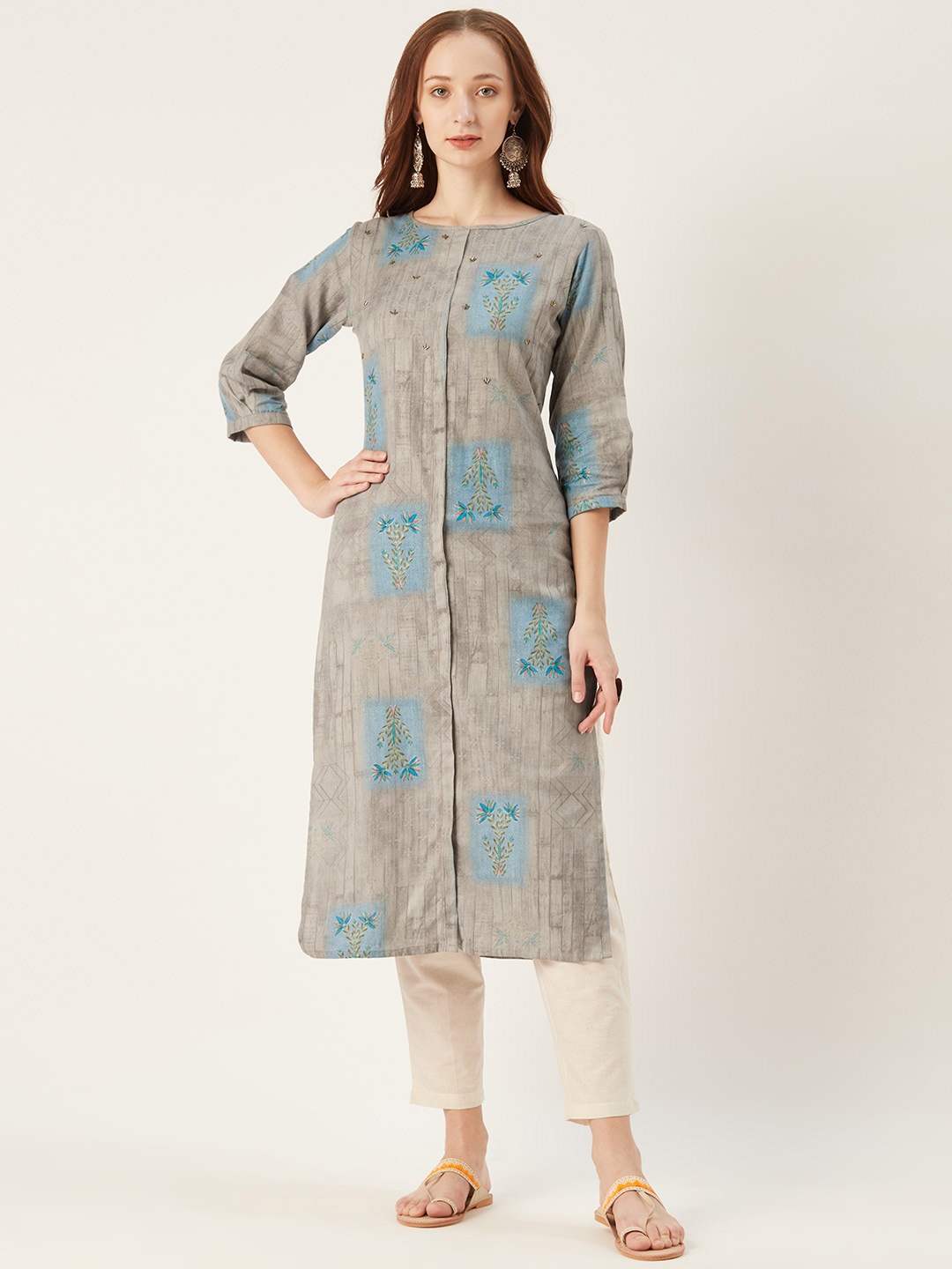 

shiloh Women Grey & Off-White Printed Kurta with Trousers