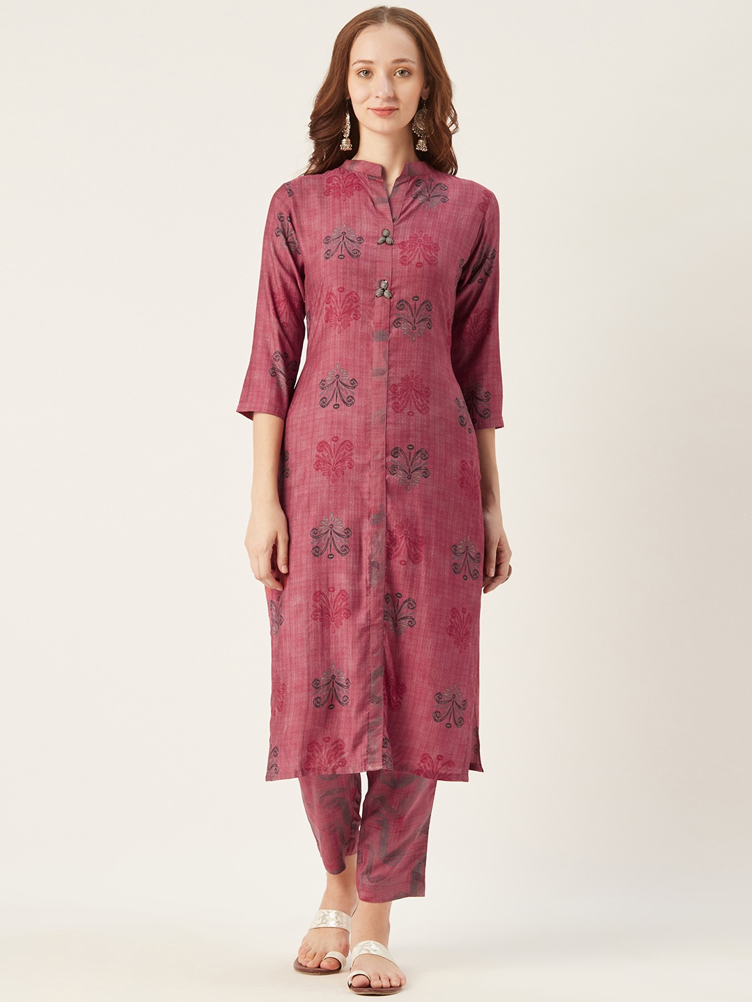 

shiloh Women Pink & Grey Ethnic Print Kurta with Trousers