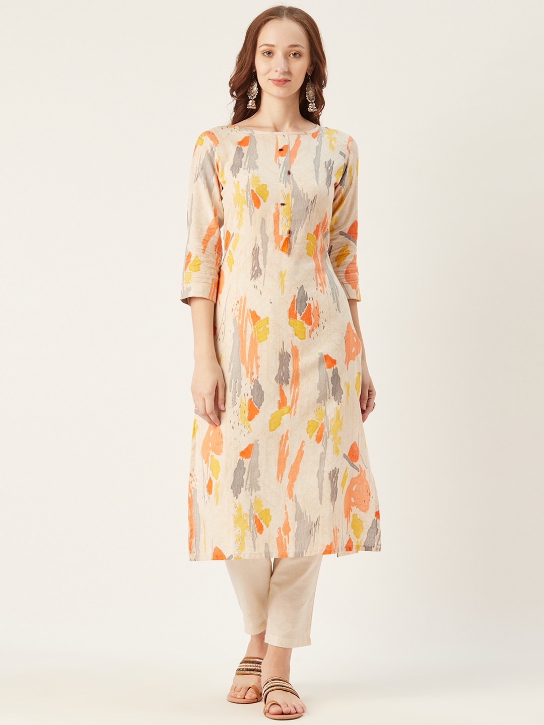 

shiloh Women Cream-Coloured & Coral Orange Printed Kurta with Trousers