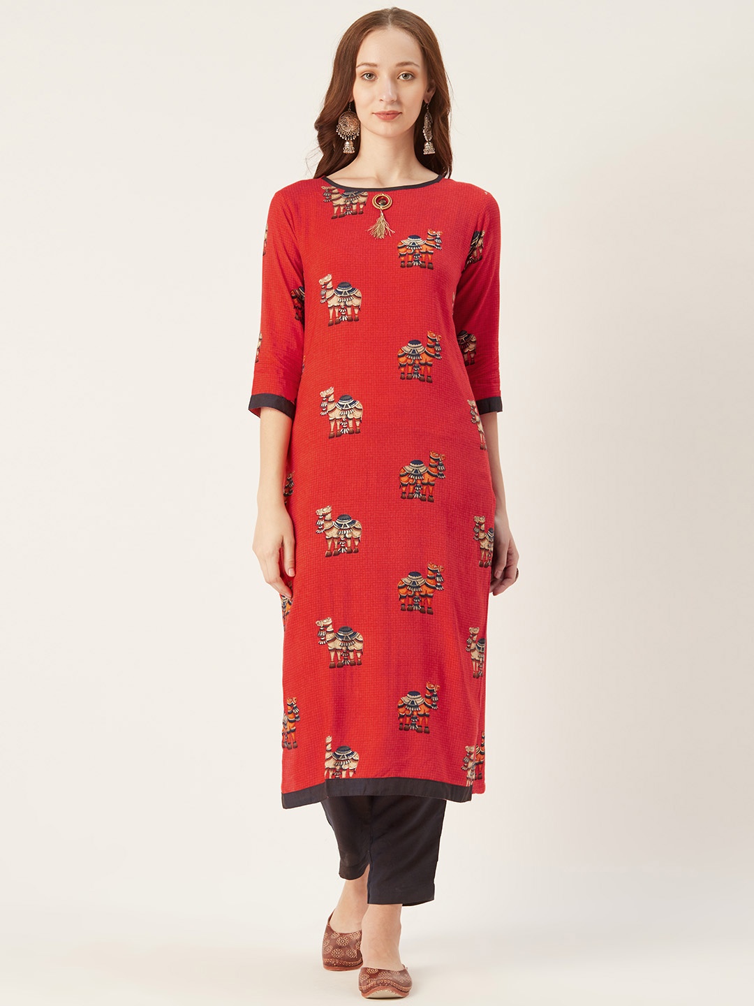 

shiloh Women Red & Black Ethnic Motifs Print Kurta with Solid Trousers