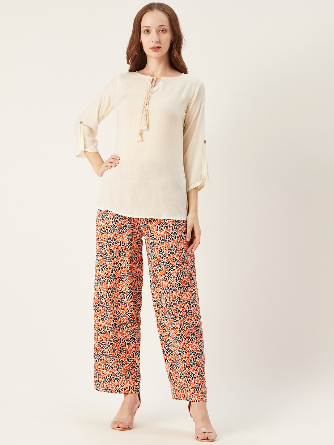 

shiloh Women Cream-Coloured & Orange Solid Top with Palazzos