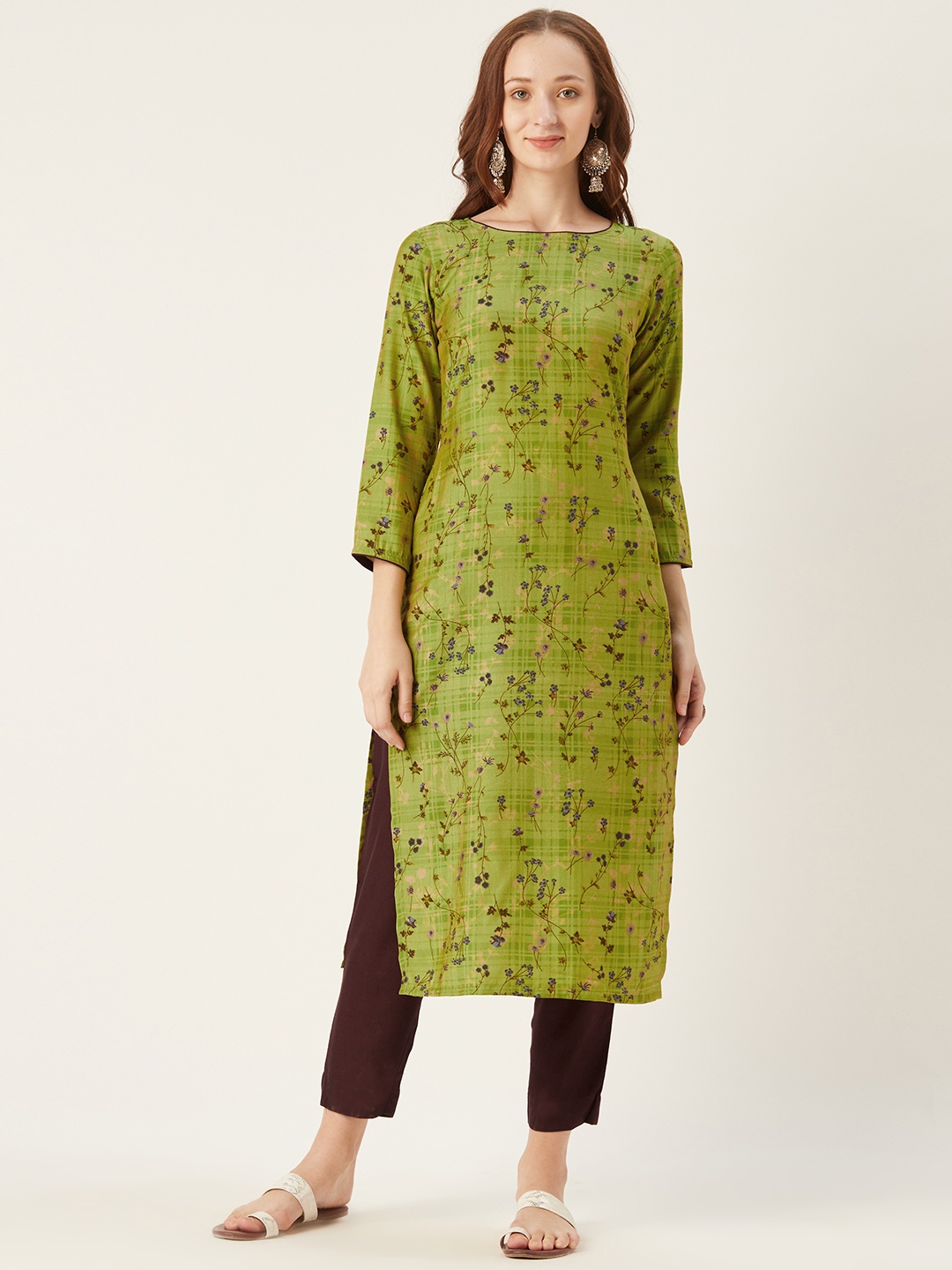 

shiloh Women Green & Coffee Brown Floral Print Kurta with Trousers