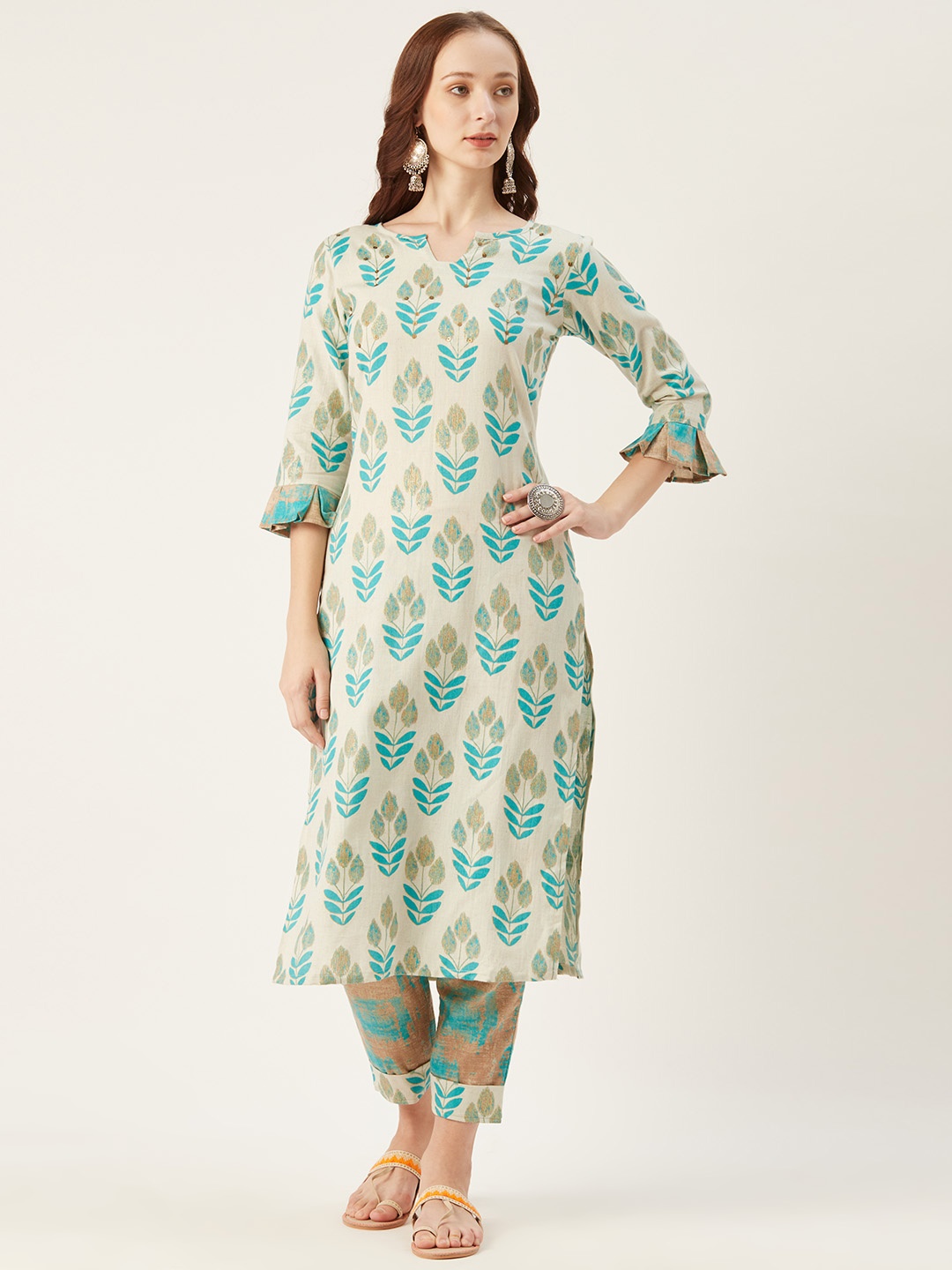 

shiloh Women Off-White & Blue Printed Kurta with Trousers