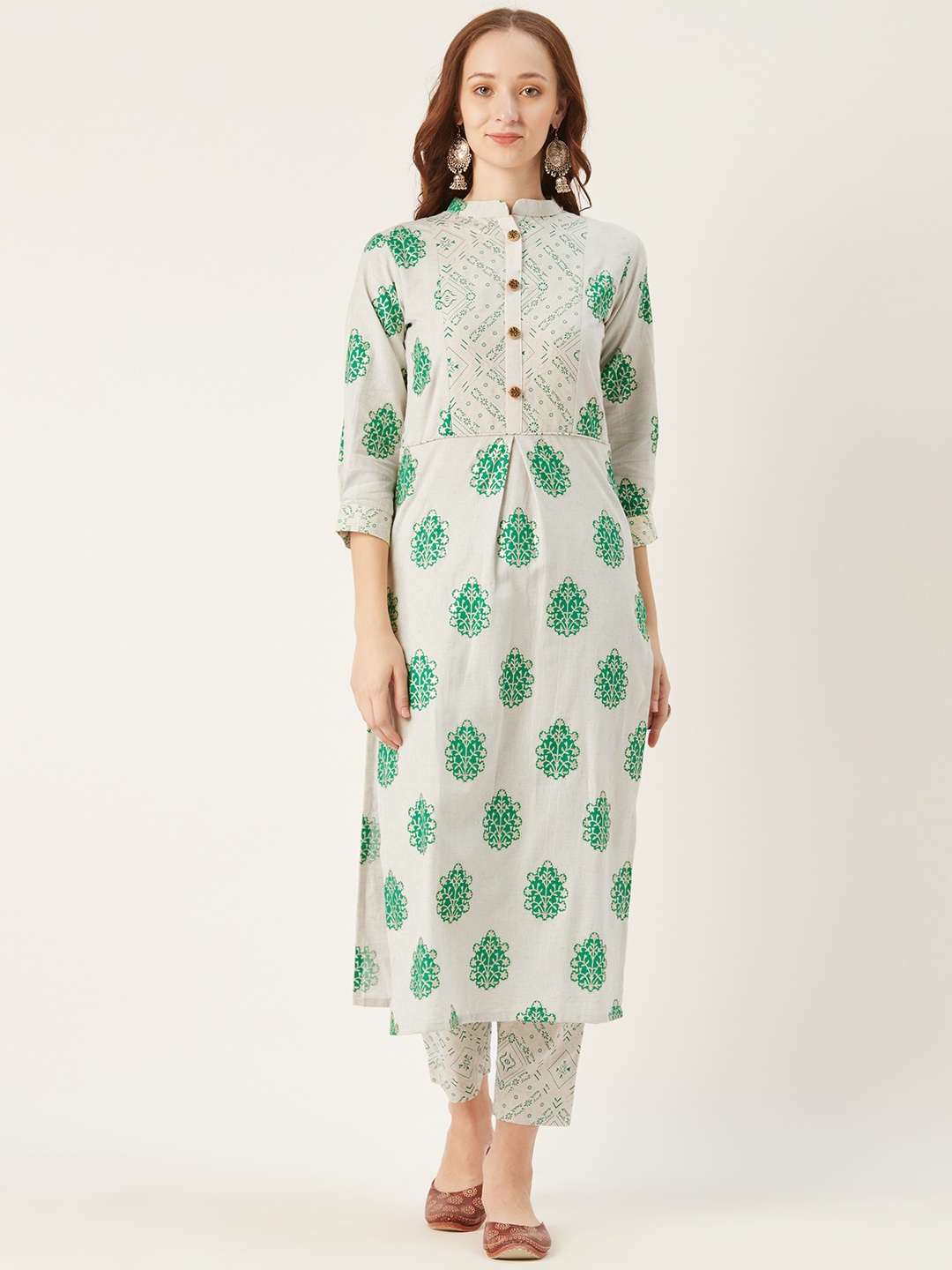 

shiloh Women White & Green Printed Kurta with Trousers