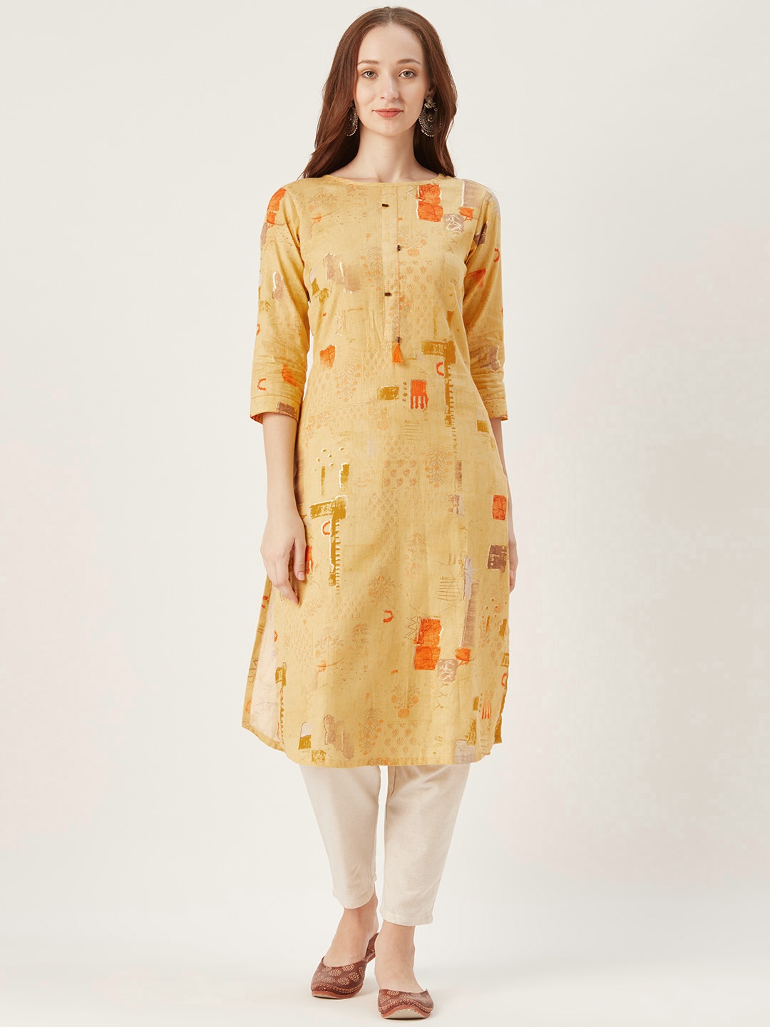 

shiloh Women Yellow & Off-White Printed Kurta with Trousers